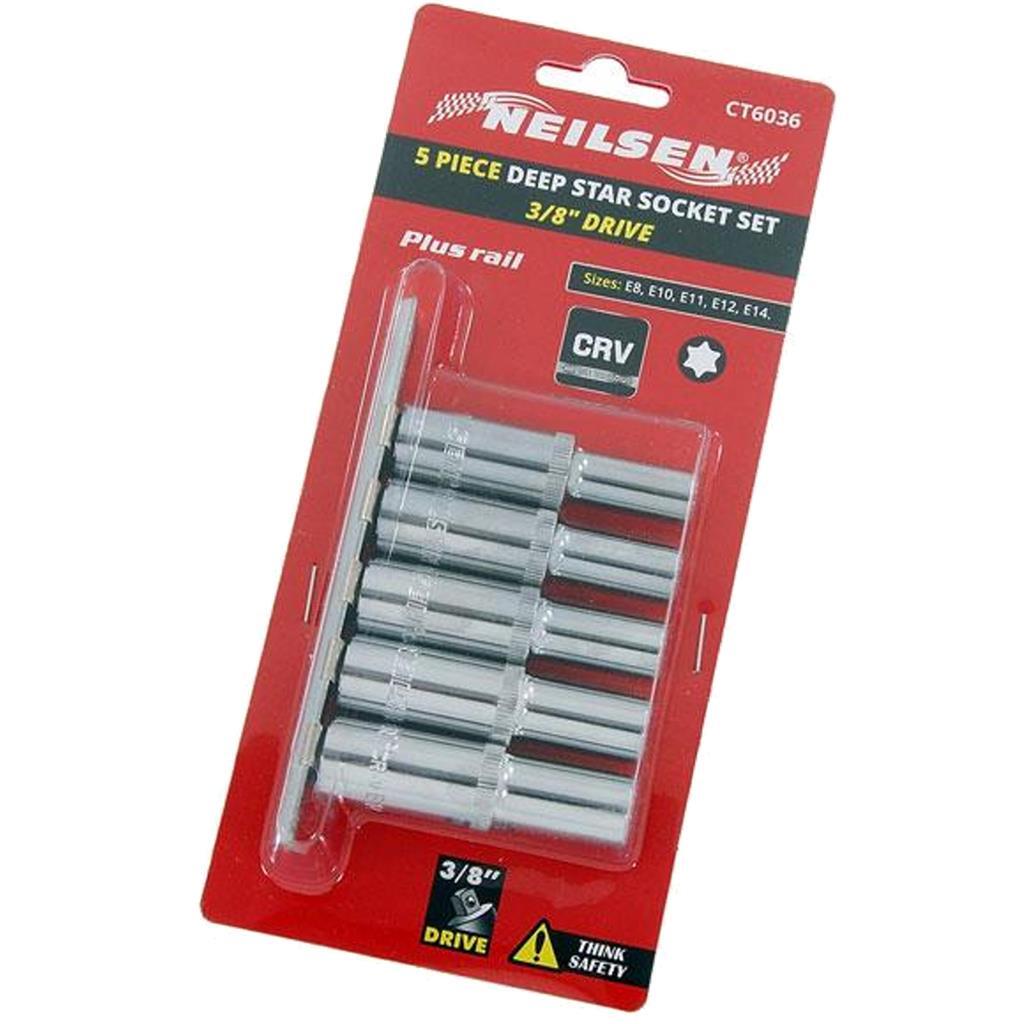 Neilsen Deep Star Profile Sockets E8 - E14 Socket Set 5pc 3/8" Socket Rail