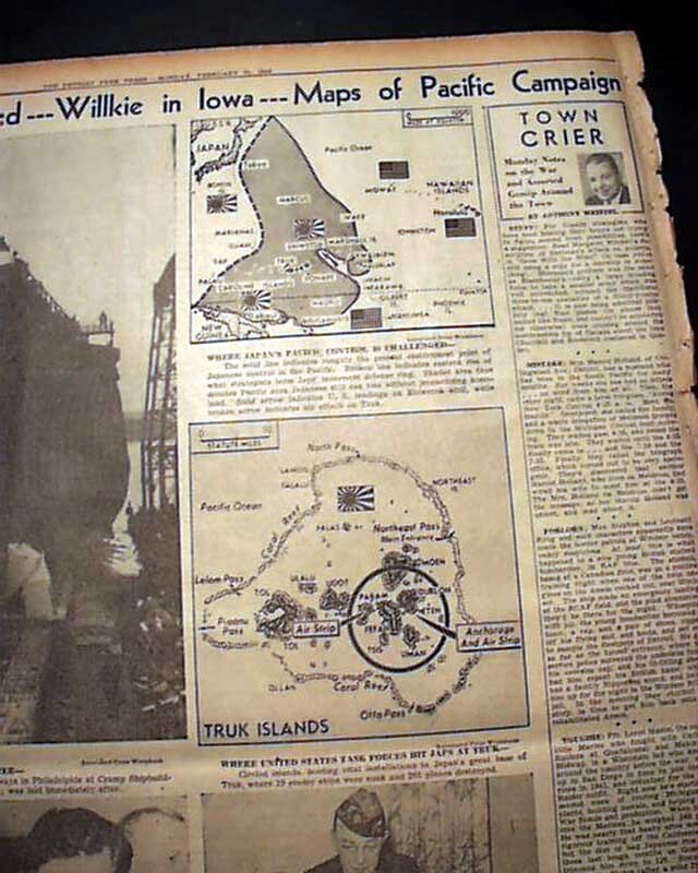 BATTLE OF TRUK ATOLL Operation Hailstone v. Japanese 1944 World War II Newspaper