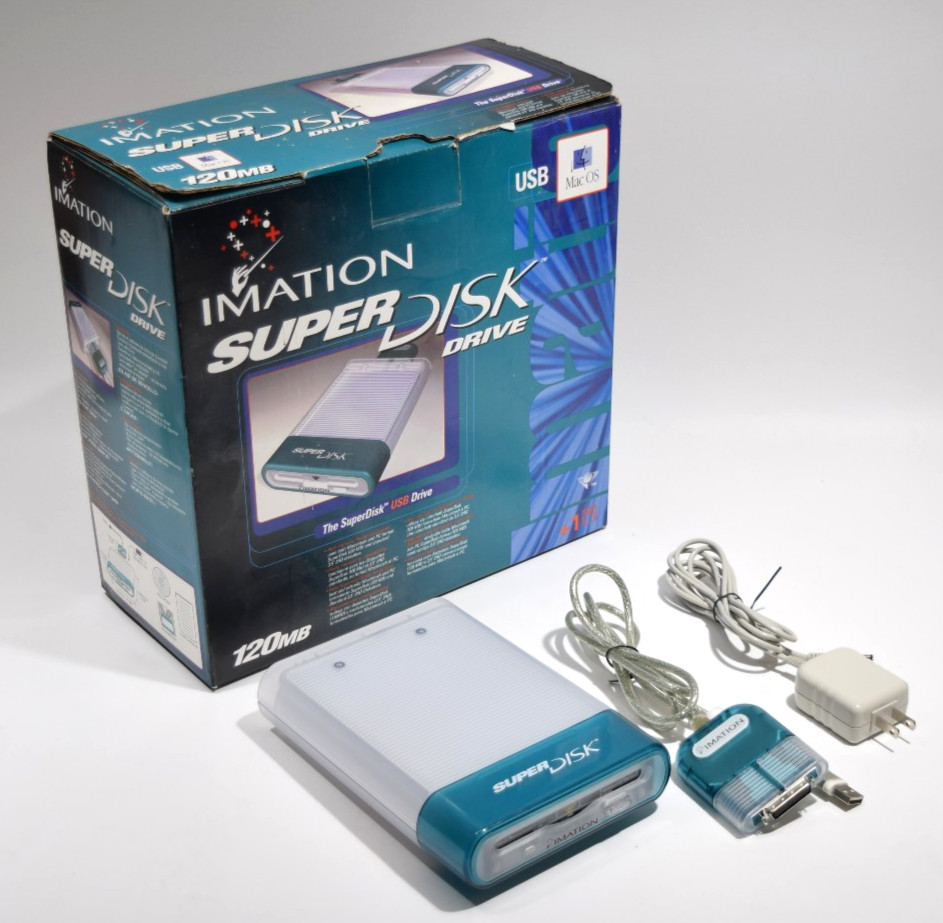 Imation SuperDisk Drive USB for Macintosh Blue W/ Adapter and Power Supply BOXED