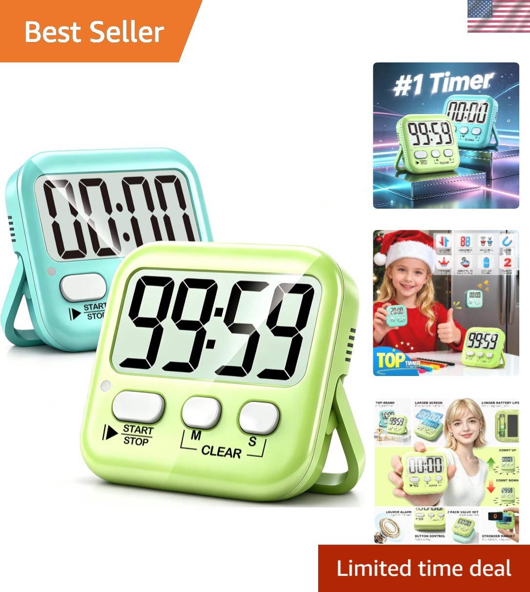 Large Screen Countdown Timers for Kids & Cooking - Battery Included, 2-Pack