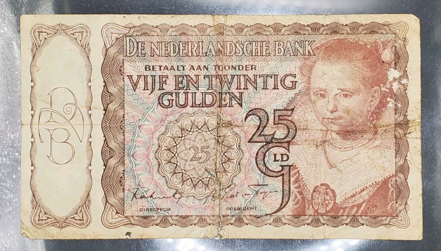 1944 October 9, NETHERLANDS 25 Gulden Banknote Amsterdam, circulated