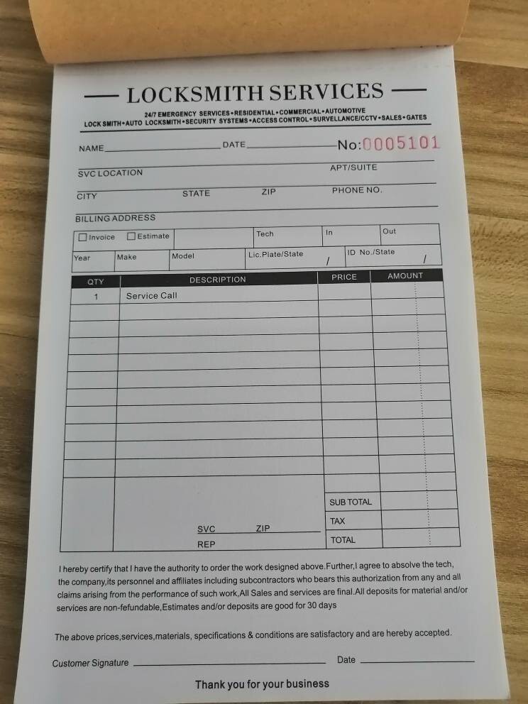 50 2-part NUMBERED Locksmith Invoices - Receipts - total 100 pages
