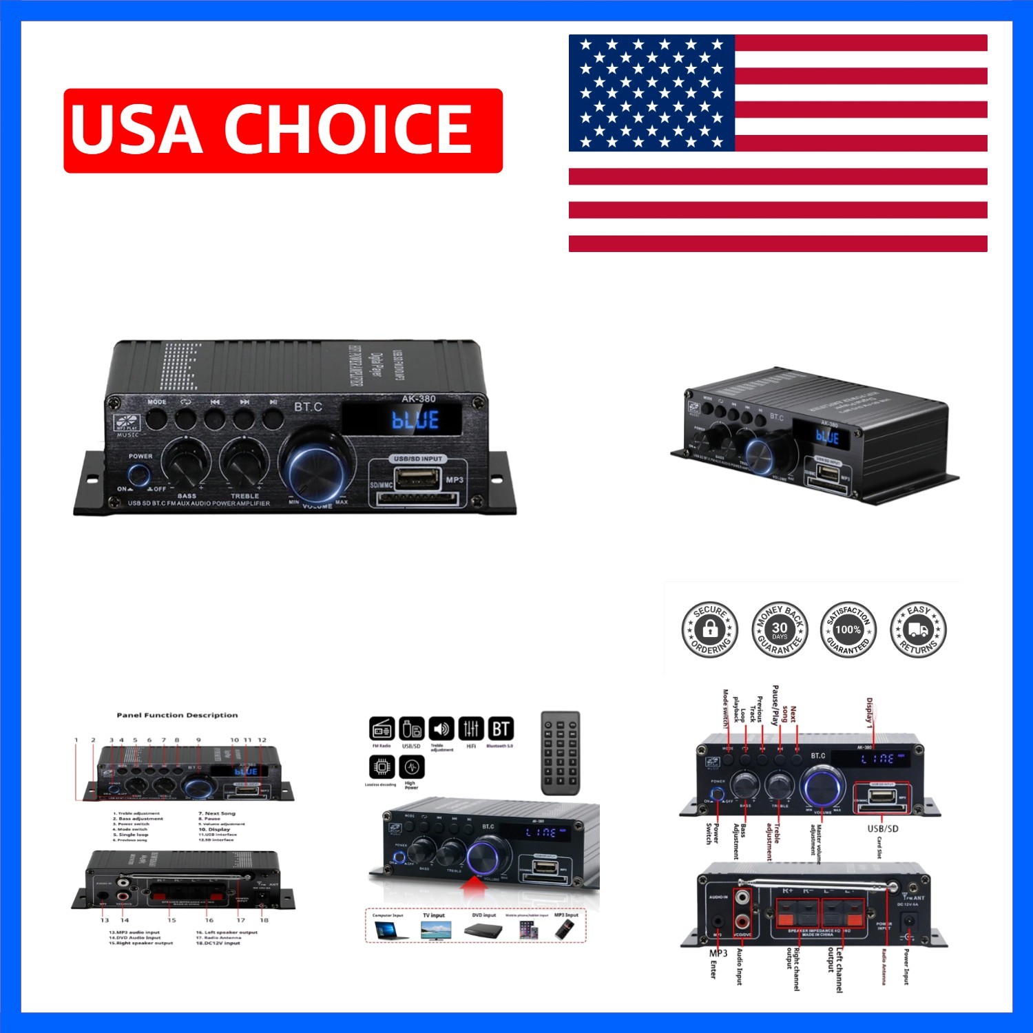 Bluetooth 5.0 Home Audio Amplifier, Max 400W+400W 2.0CH HiFi Stereo with 12V ...