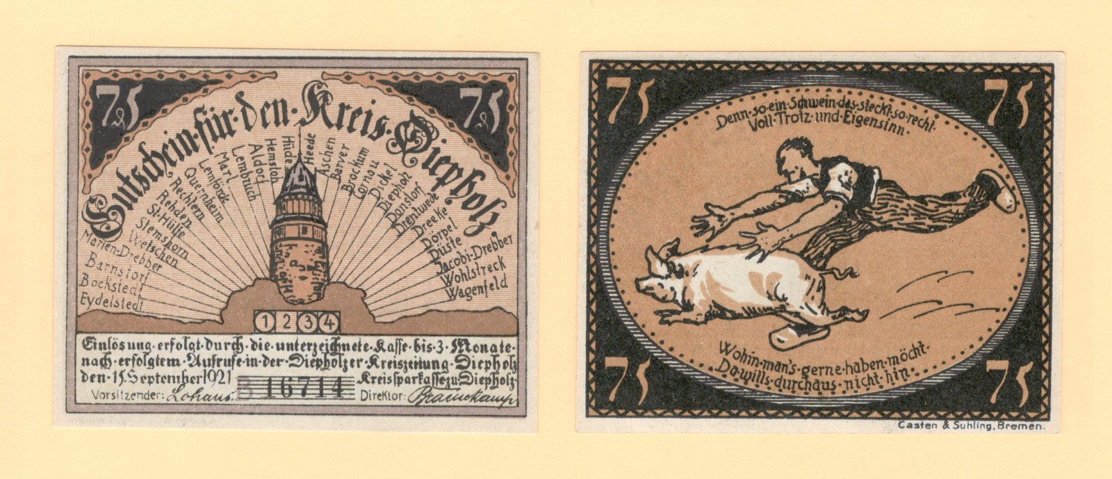 German Serienscheine Notgeld { Diepholz 75 Pfg #2 }  L 264d / GrM 273.4a { PIG }