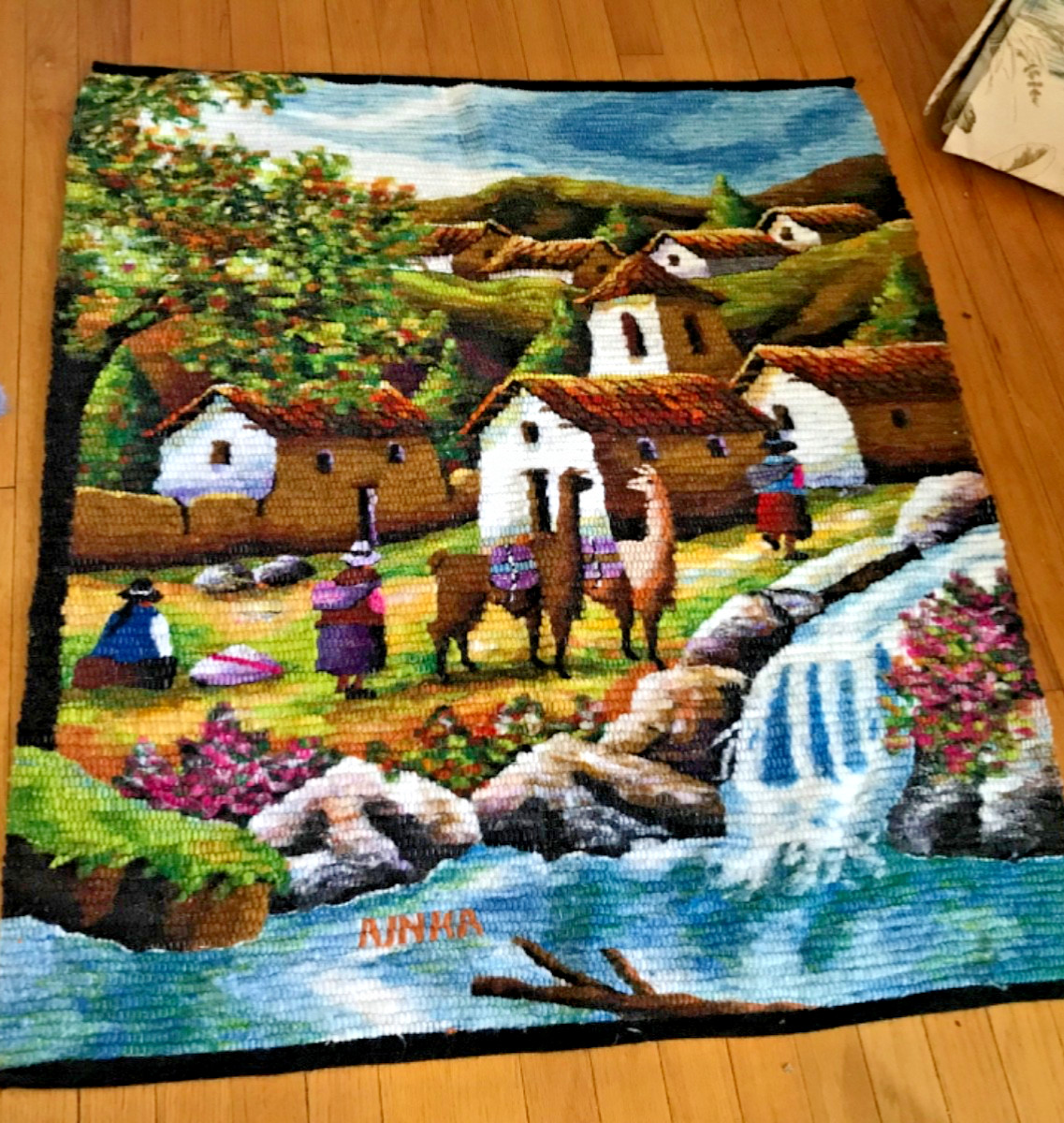 PERUVIAN hand crafted wool colorful tapestry wall hanging VILLAGE LLAMAS workers