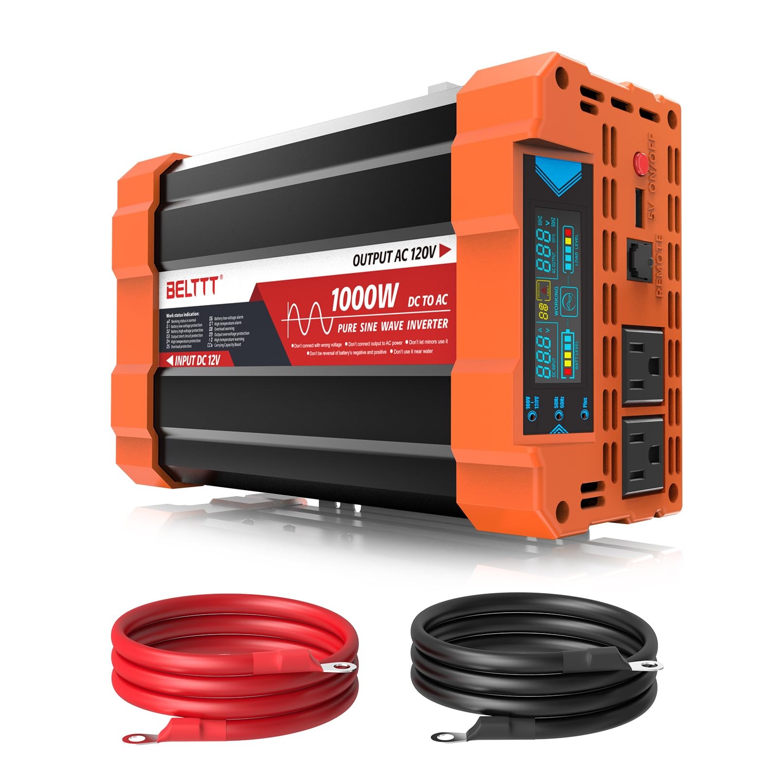 BELTTT 1000Watt Pure Sine Wave Inverter 12V DC to 120V AC for RV, 1000W