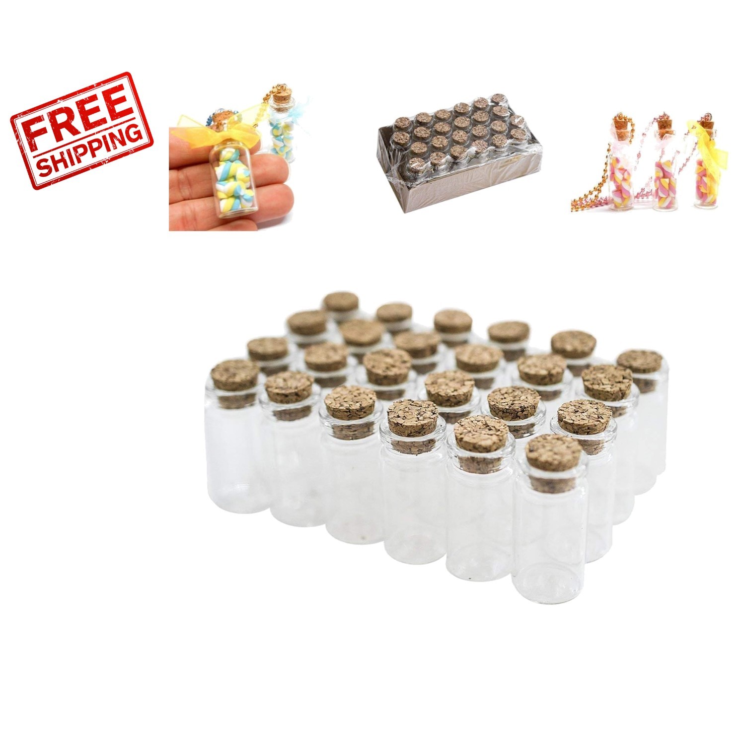 Clear Mini Cork Glass Bottles for Crafts and Wedding Decor - 1.5" Tall, 48 Pack
