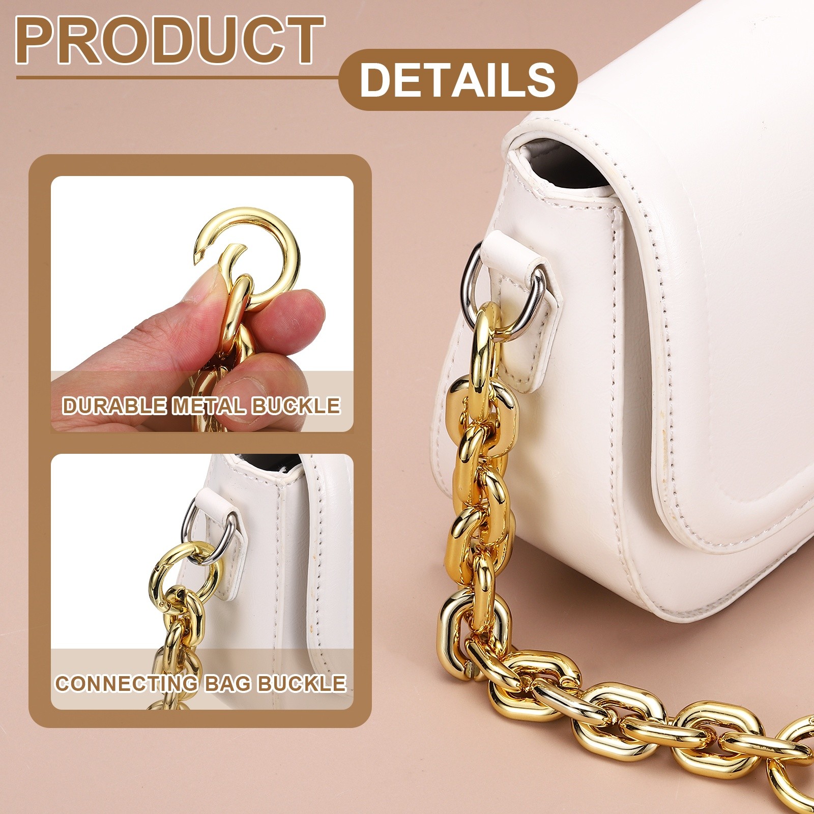 8" Acrylic Purse Chain Handbag Strap with Buckle, Silver White, 0.7" Width