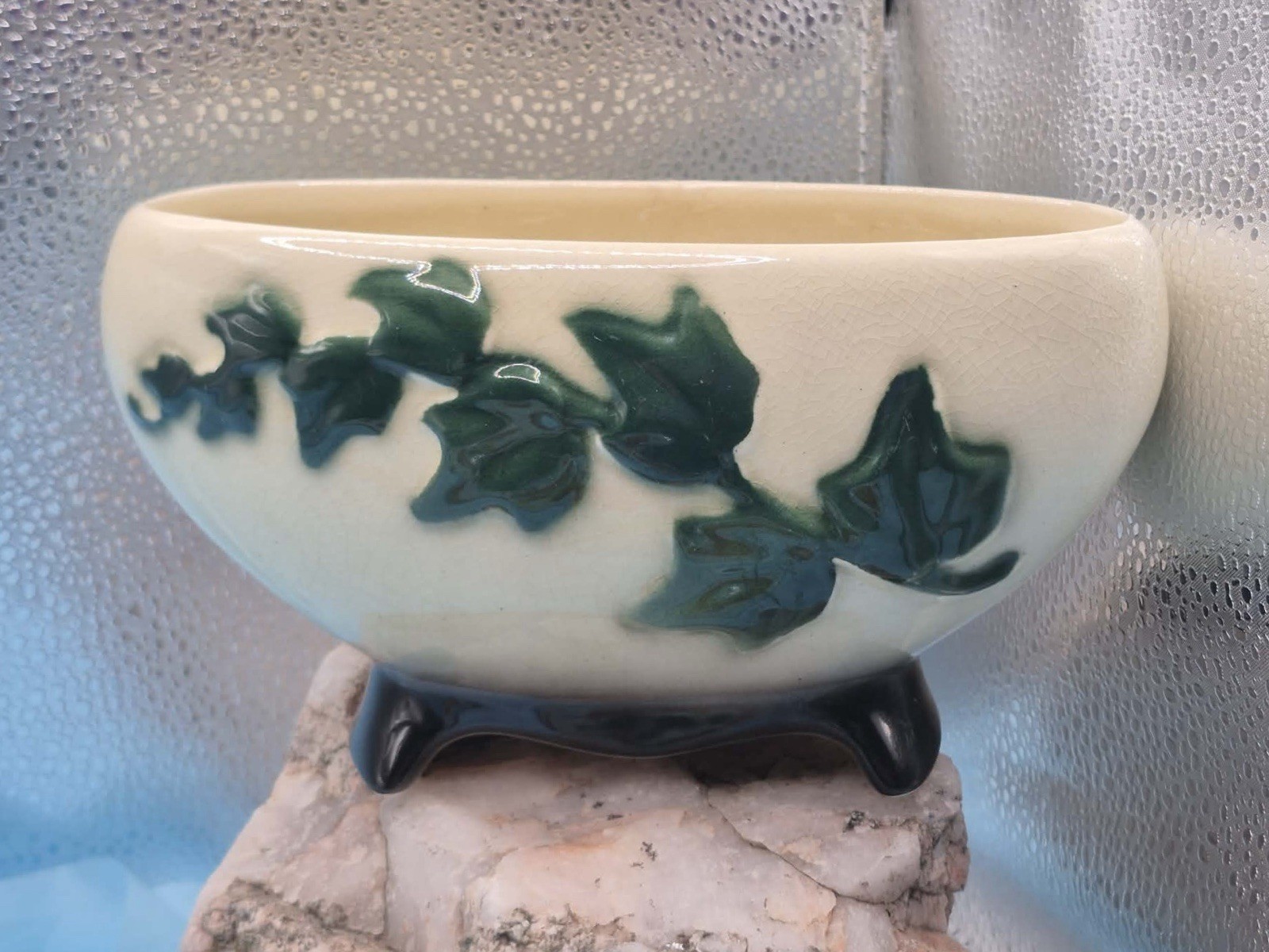 Vintage MCM 1950's Royal Copley Planter Vase Footed Oval Green Ivy on Cream 7”