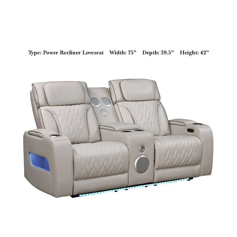 NEW Beige Gray LED Power Recliner & Adj Headrest 3PC Sofa Set Bluetooth Speaker