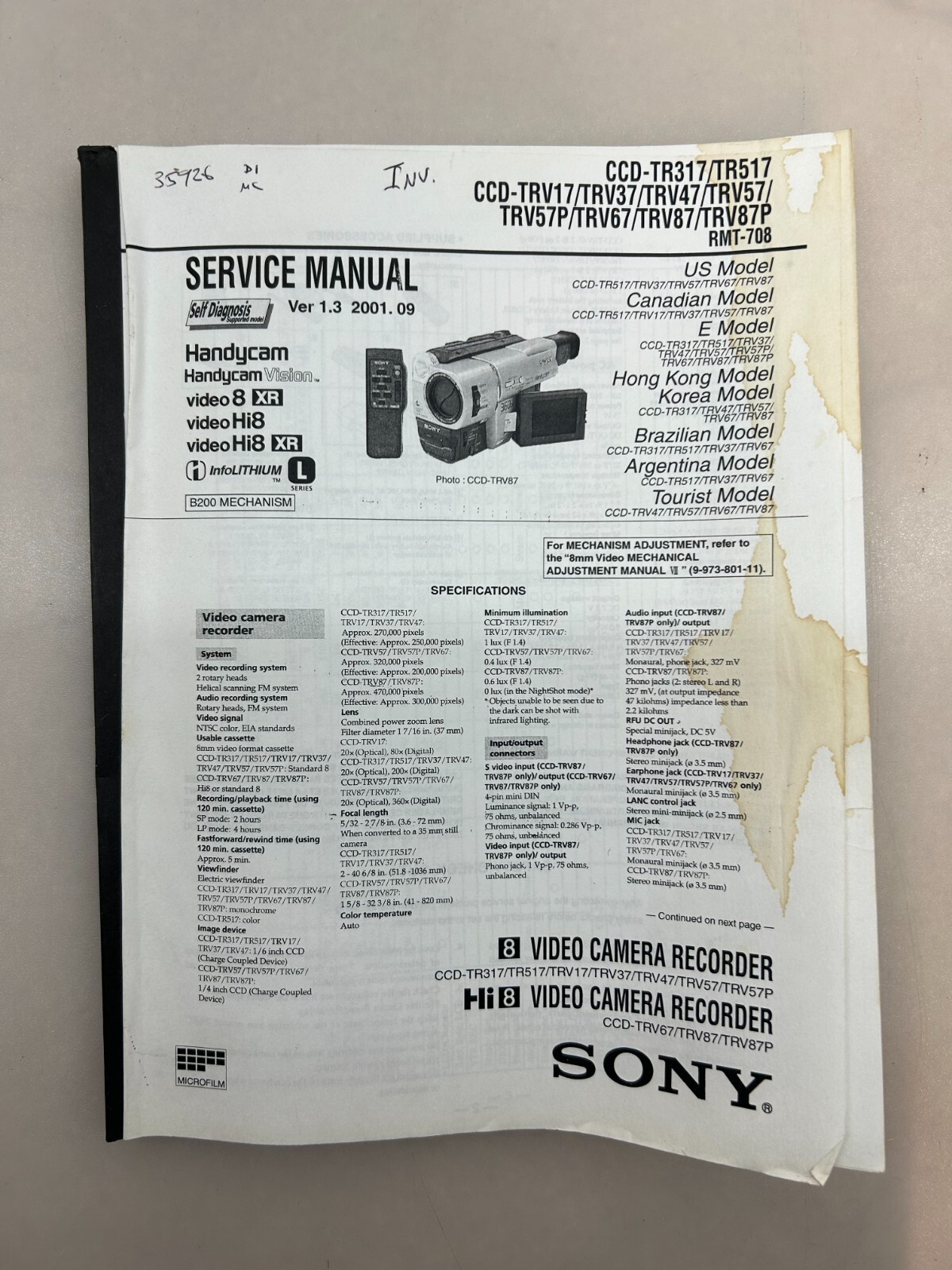 Sony CCD-TR317 517 TRV-17 37 47 57 67 87 Original Service Manual Free Shipping