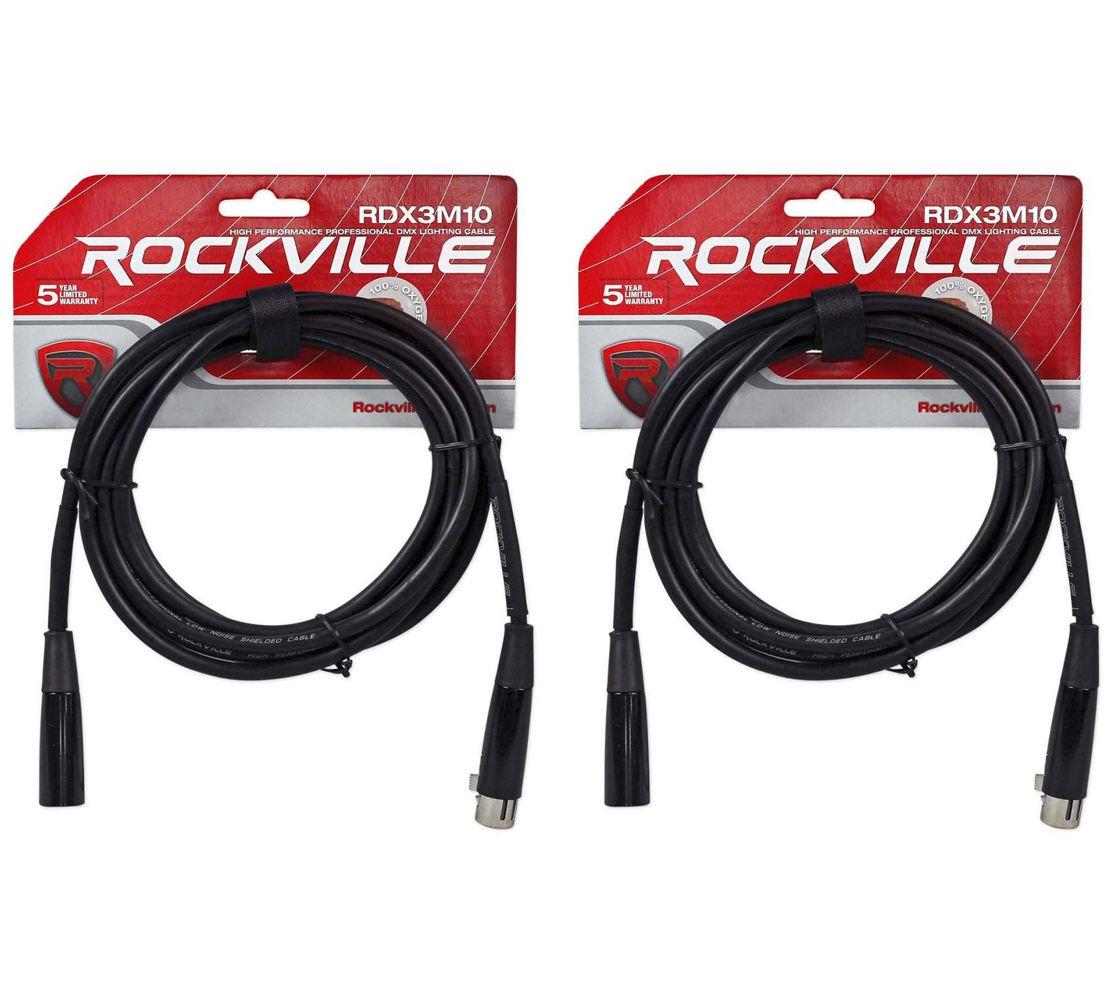 (2) Rockville RDX3M10 10 Foot 3 Pin DMX Lighting Cables 100% OFC Female 2 Male