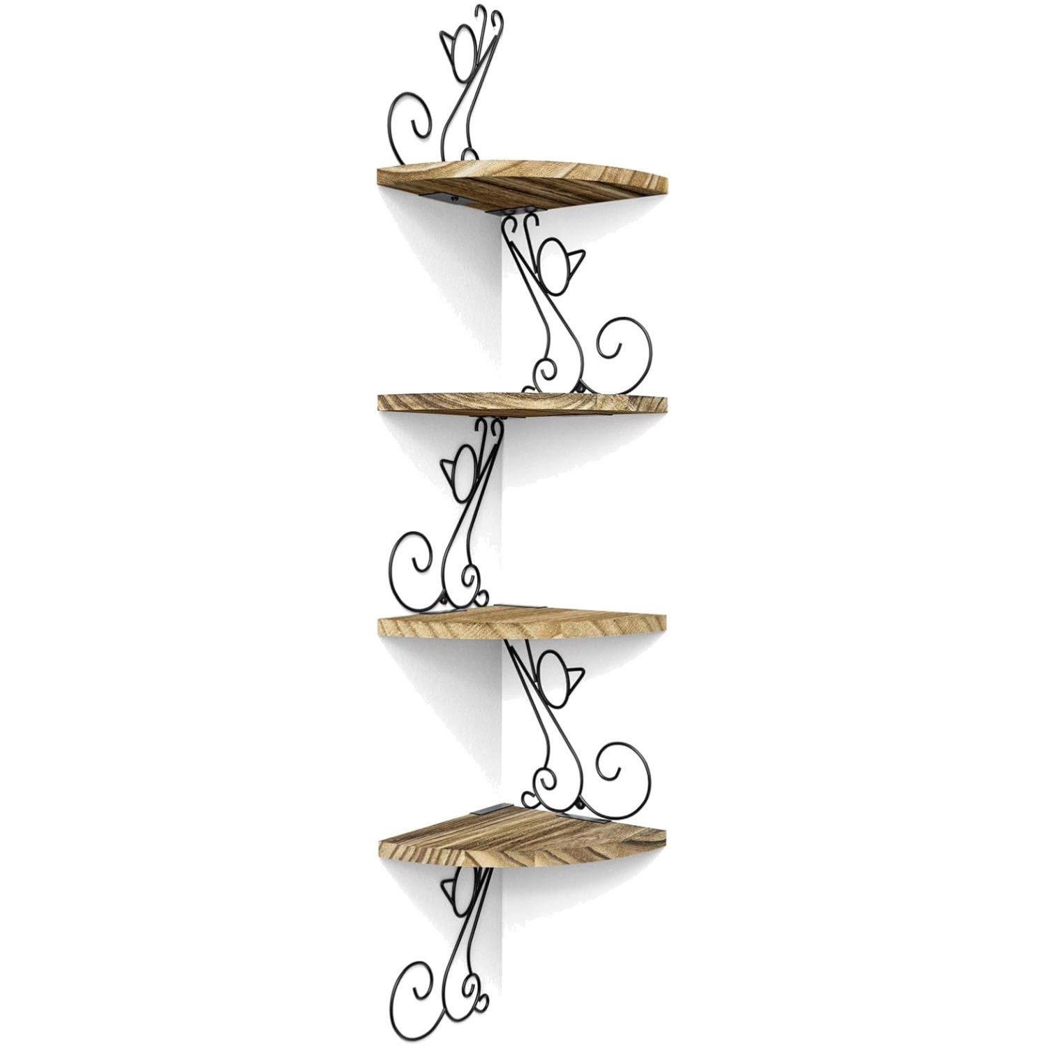 4-Tier Rustic Floating Corner Shelves in Cat Shape - Space Saving Solution