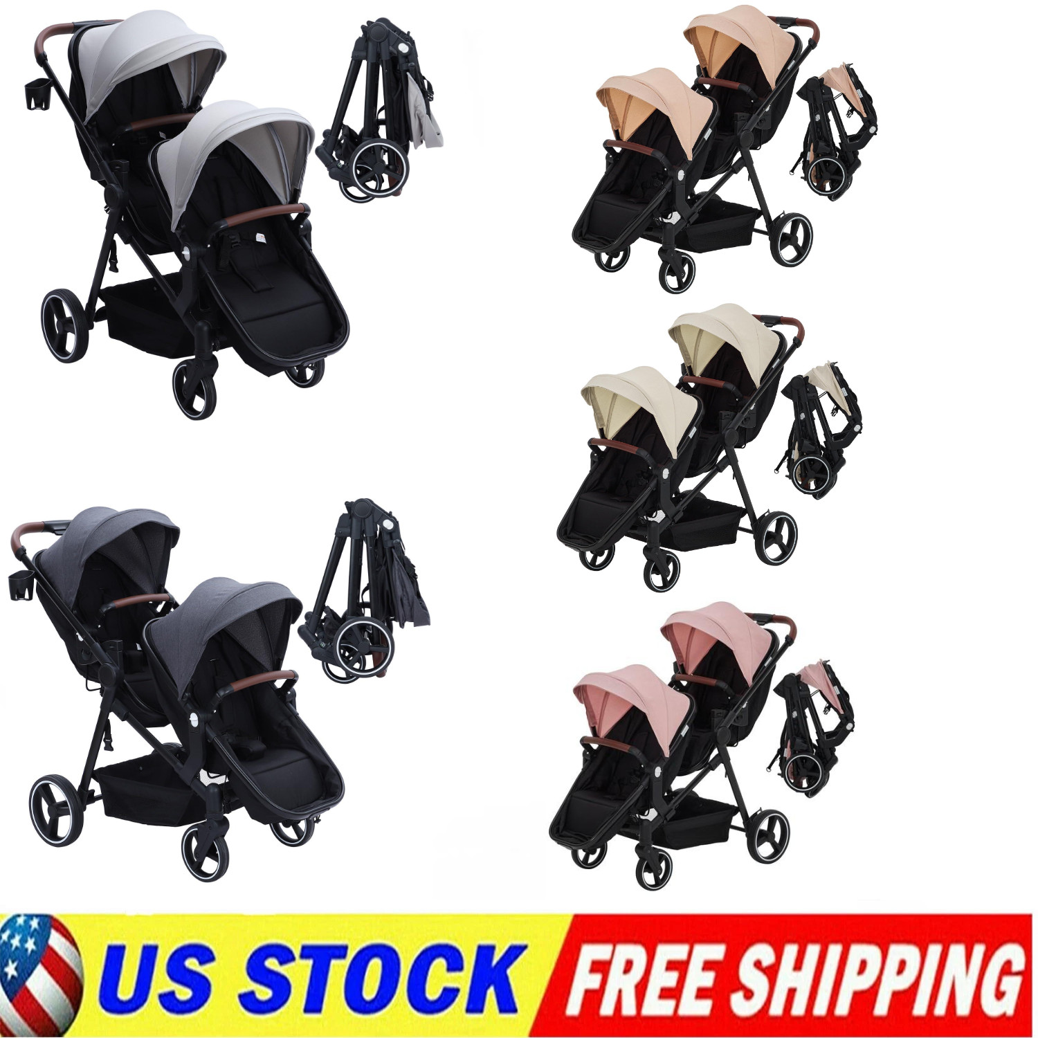 Double Stroller for Infants,Toddlers,Foldable Tandem Stroller Adjustable Backres