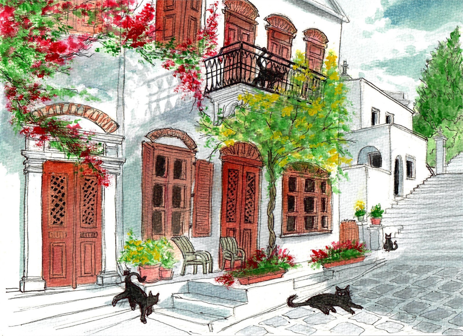 Cats  At A White House, Black Cats, (Signed, Matted Watercolor Art Print)