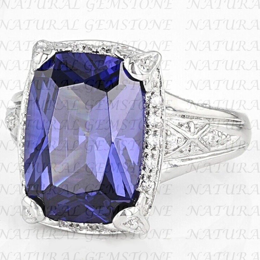 7.50Ct Cushion Cut Natural Tanzanite and Diamond Halo Ring 18K White Gold Plated