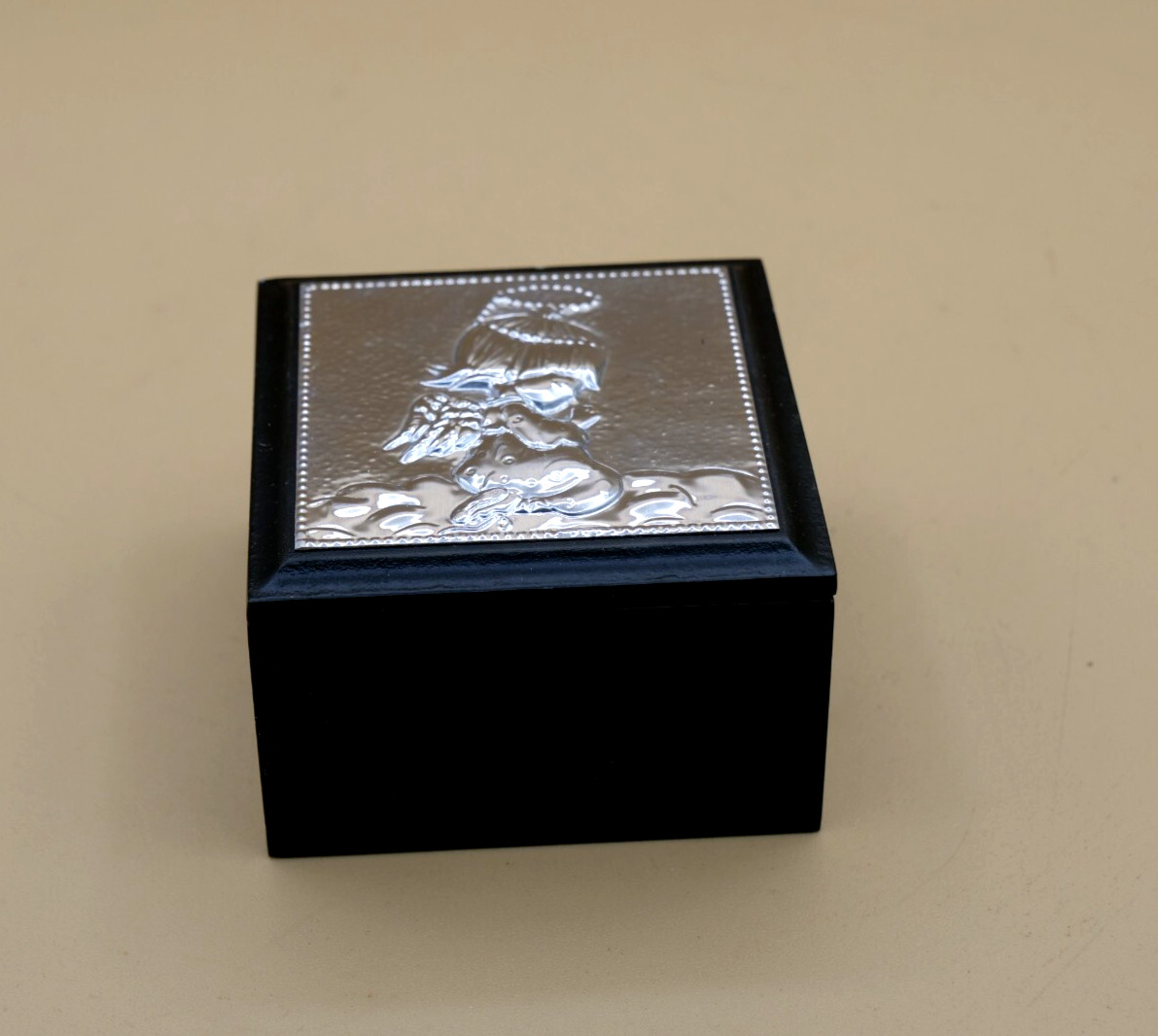 Mini Trinket Box Angel Praying Embossed Silver Metal & Wood 1.75"X 2.75"X 2.75"