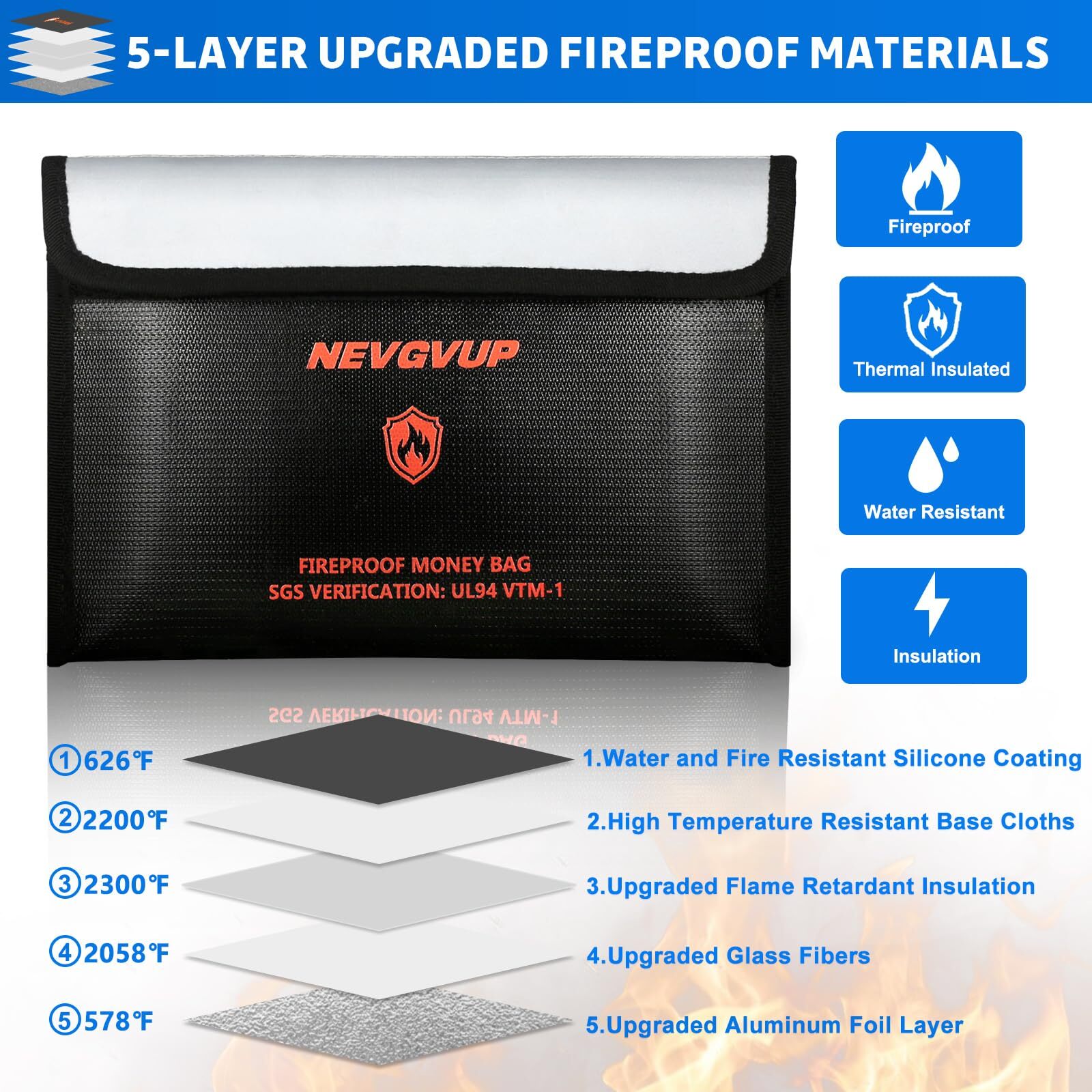 4200°F Fireproof Money Bag for Cash -Heat Insulated 9.8 x 6.5" Fireproof Docu...