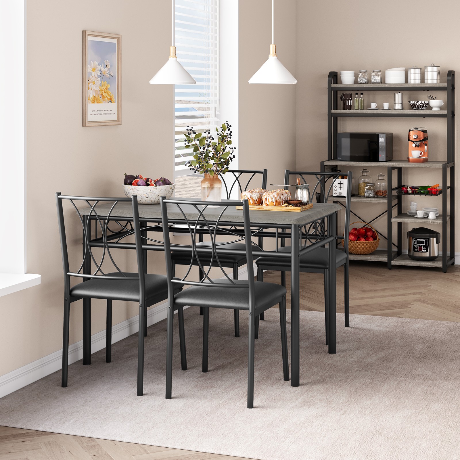 5 Piece Grey Dining Table Set, Kitchen Table And 4 Upholstered Dining Chairs