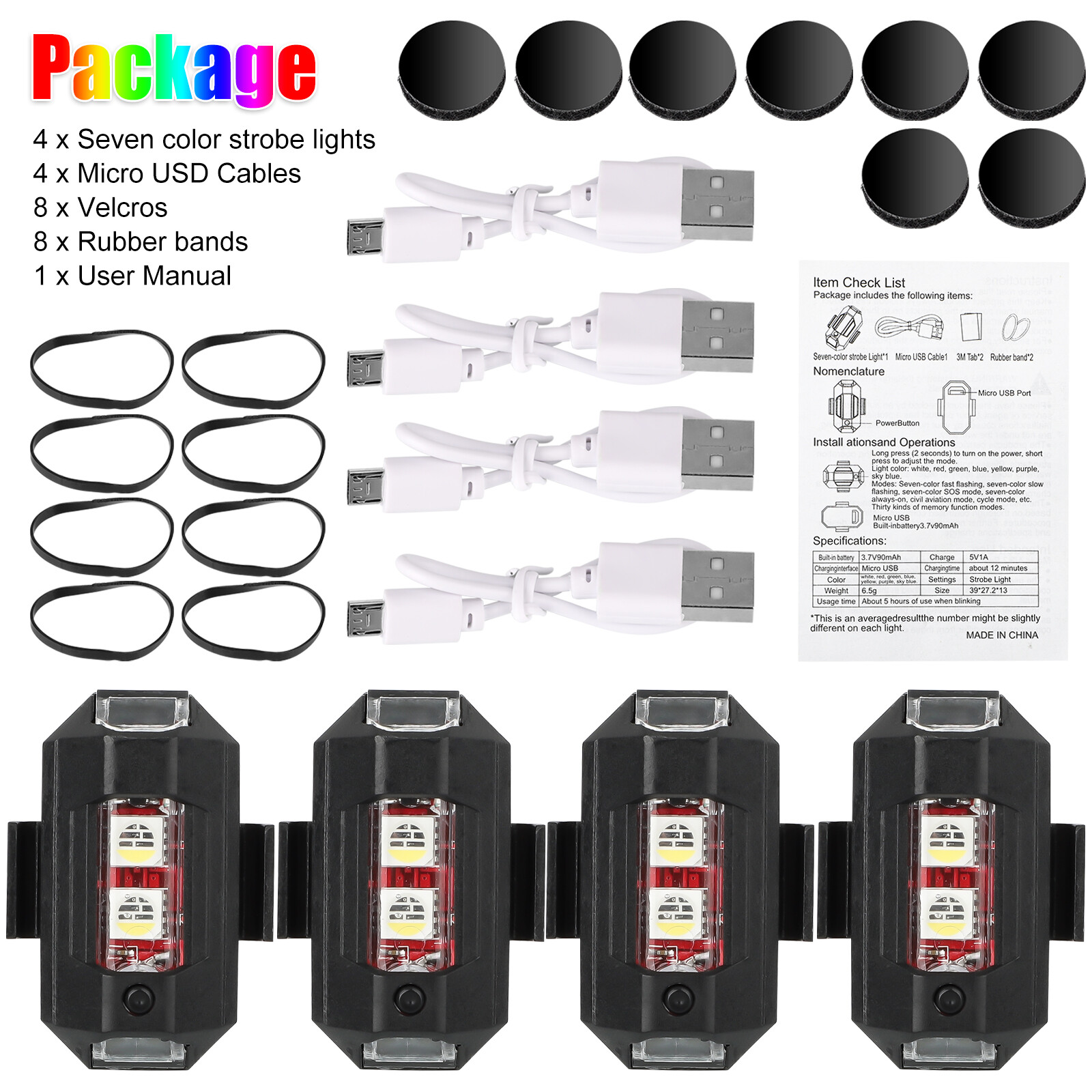 4Pcs/Set Drone Warning Strobe Lights LED Anti-collision 7 Colors USB Chargeable
