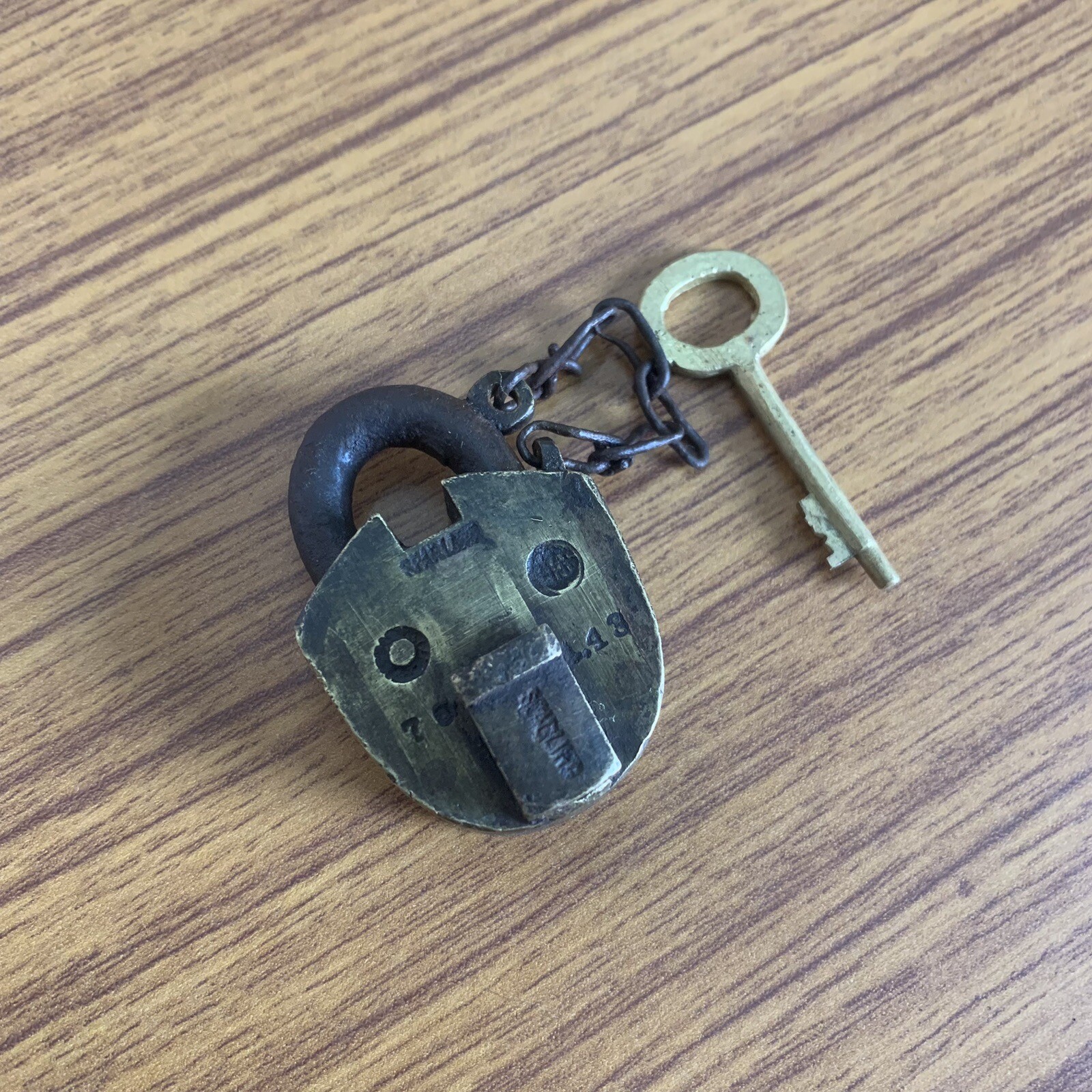 BRASS PADLOCK OR LOCK WITH KEY OLD OR ANTIQUE, with chain, miniature sized.