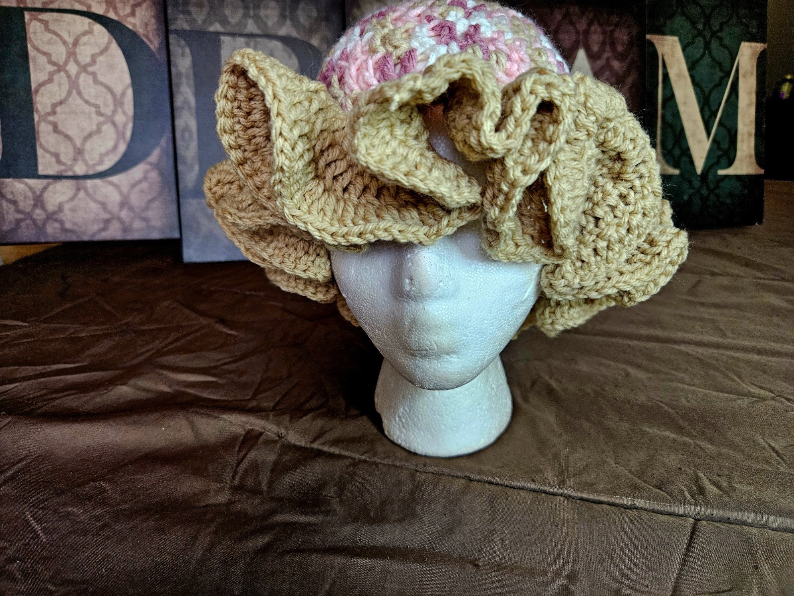 Handmade Crocheted Hat Pink Beige Ruffled Brim
