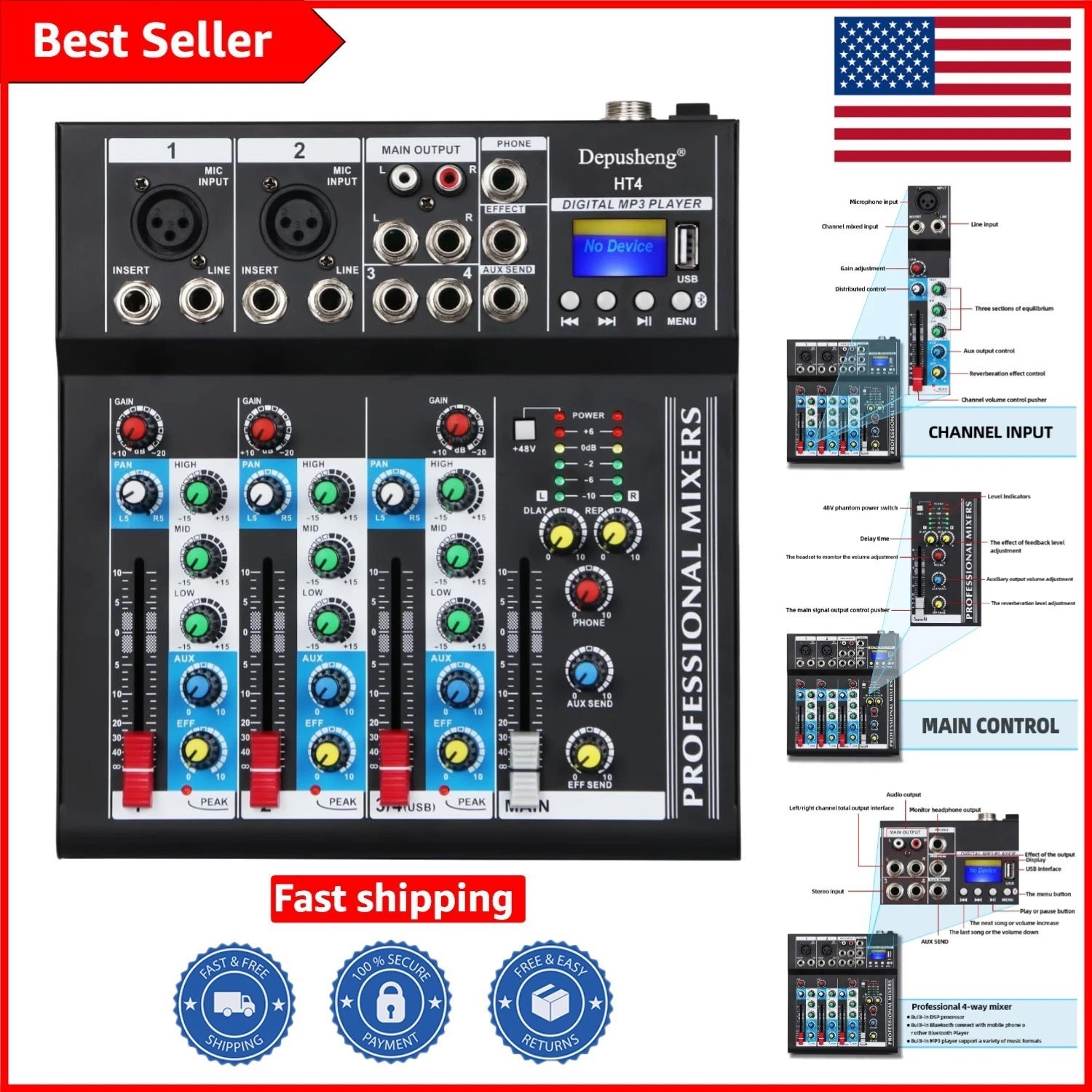 HT4 Portable Bluetooth 4-Channel DJ Mixer with USB for Studio Performance