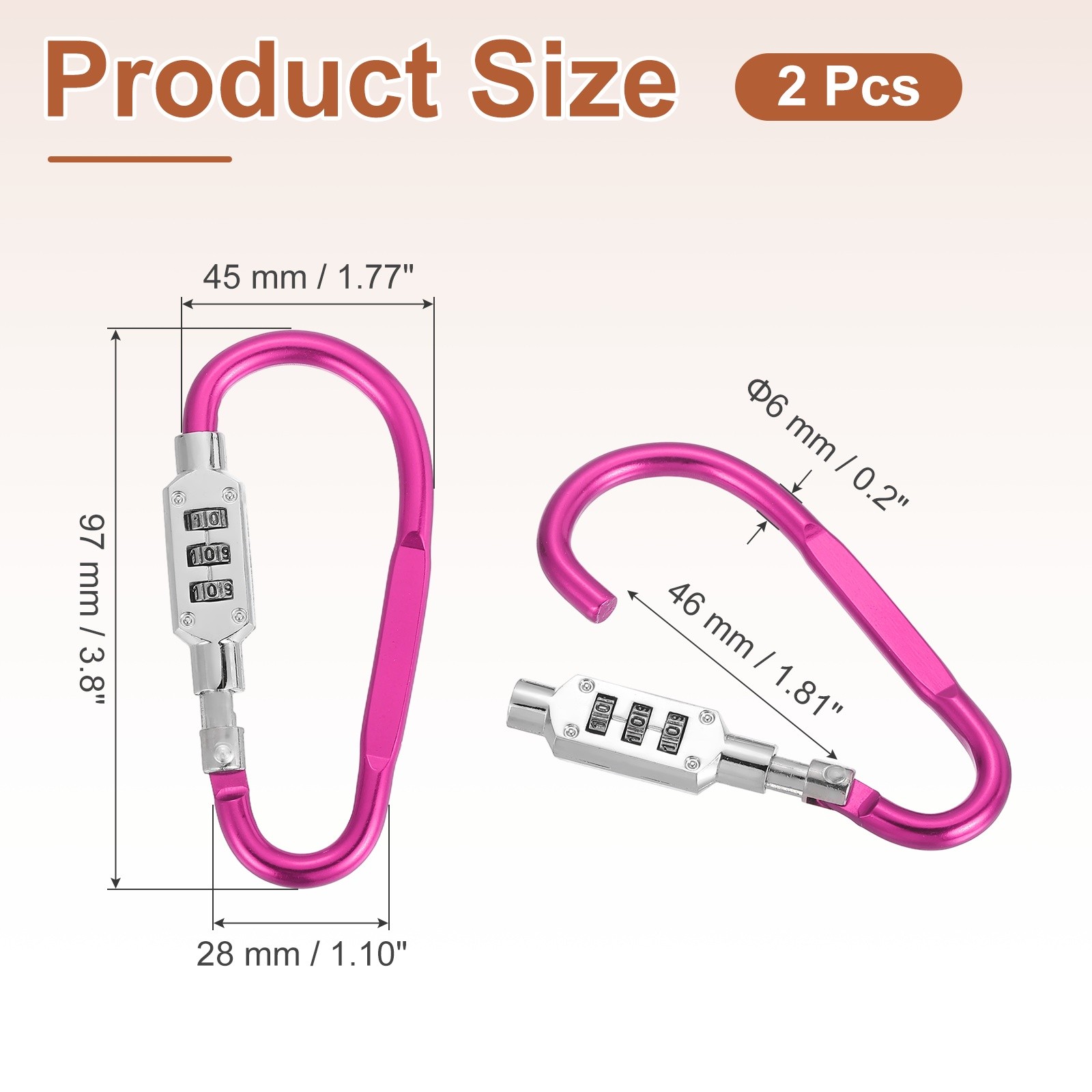 2 Pcs 3.8" x 1.8" D-Shaped 3-Digit Code Combination Lock D-Ring Clip, Pink