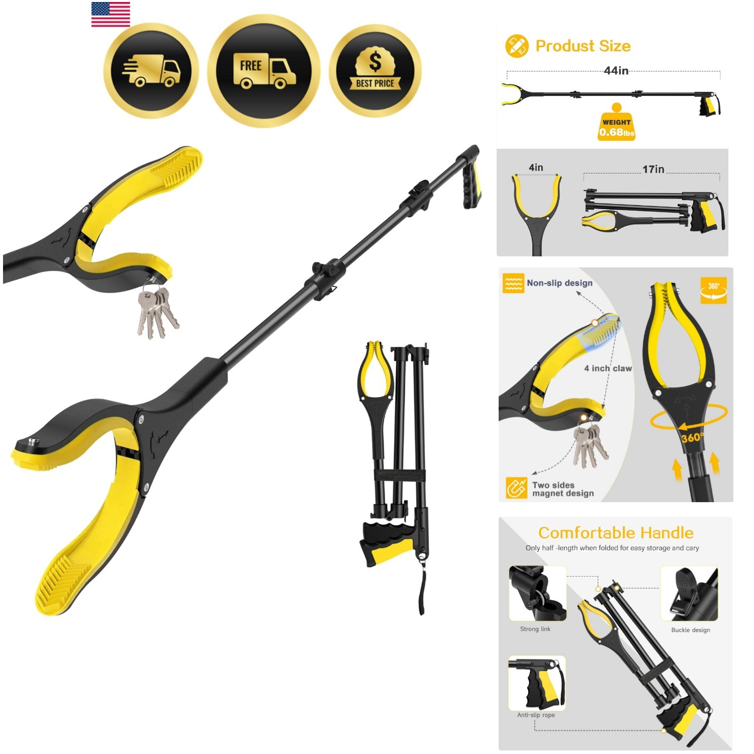 44 Inch Extra Long Grabber Reacher Tool，Foldable Trash Pick Up Stick for Seni...