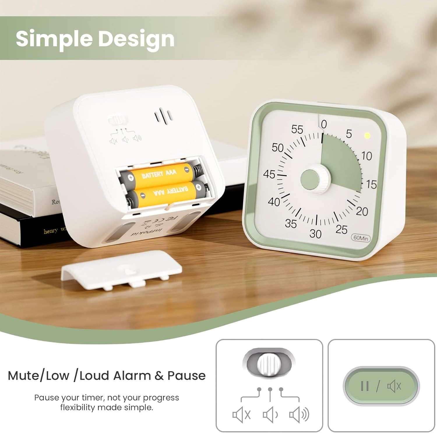 Portable Visual Countdown Timer for Kids - 60-Minute Timer with Pause, White