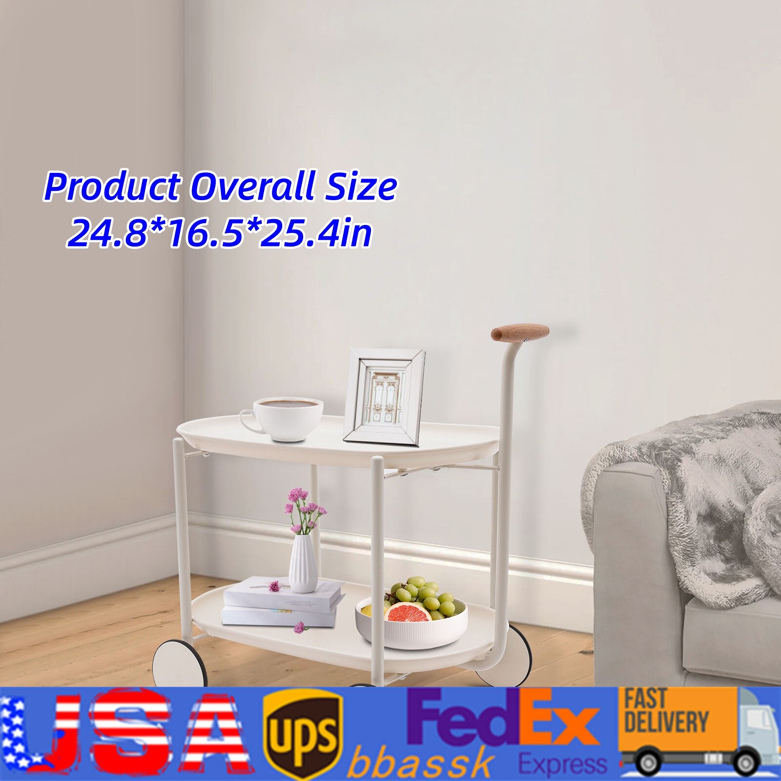 2Tier Carbon Steel Kitchen Trolley Cart Cart Rolling Storage Shelf W/ Handle ABS