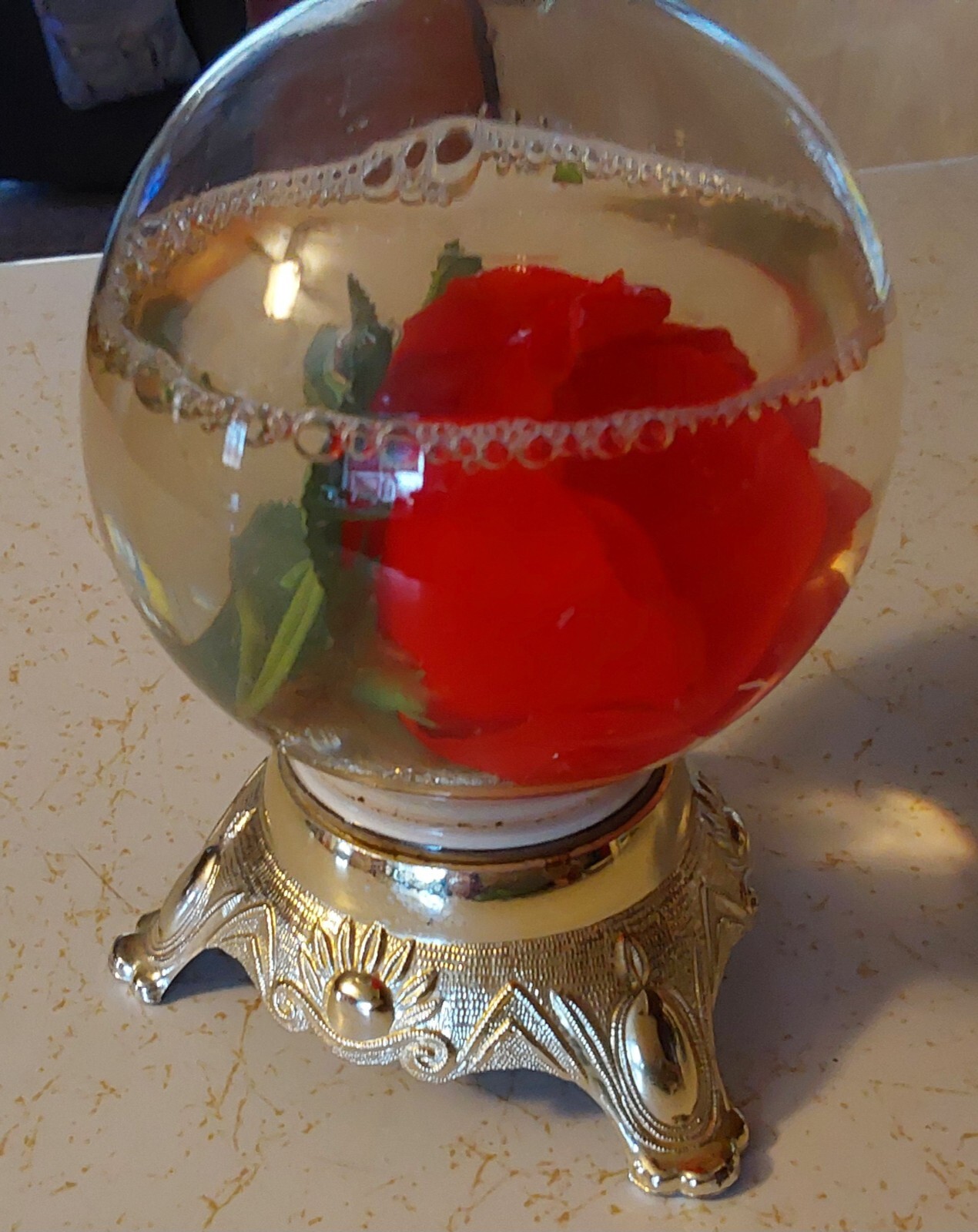 Floating ROSE Flower inside Glass Globe on Decorative TIN Base