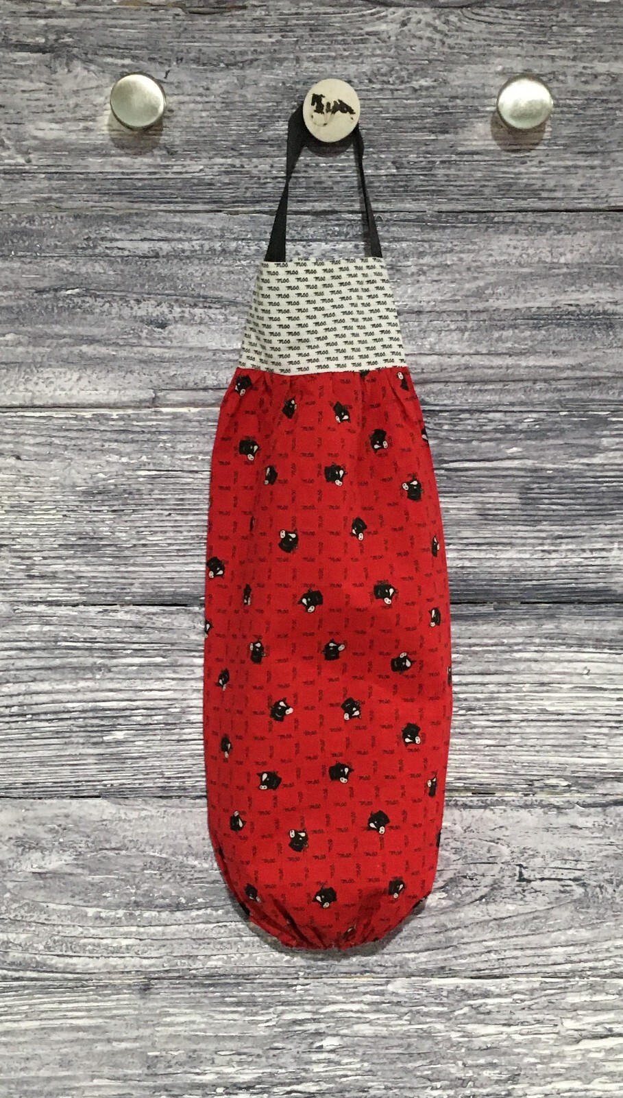 Plastic Grocery Bag Rag Sock Holder Black & White Cow Heads Moo Words on Red