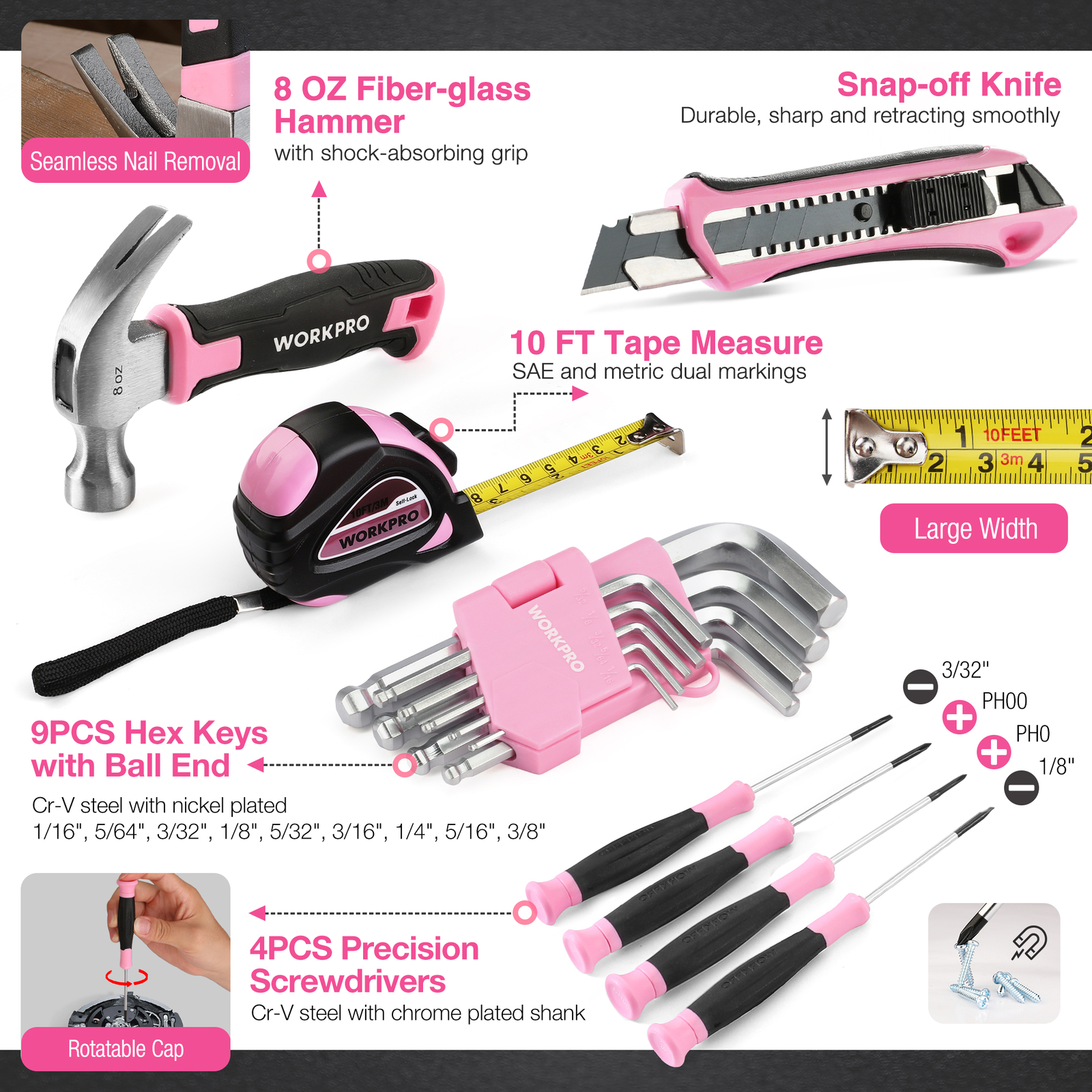 Pink Cordless Drill Driver with Toolbox 43PC wi/8V Lithium-ion Power Drill&Bits
