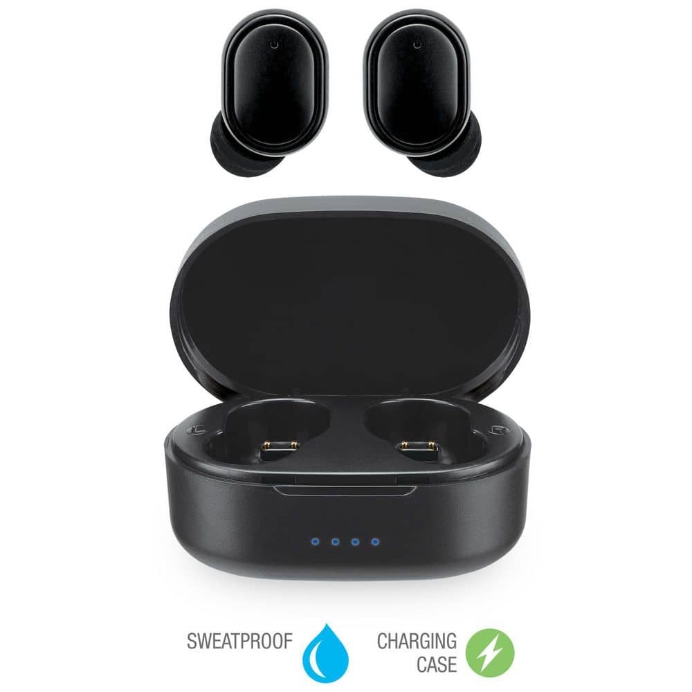 Black Truly Wireless Bluetooth with Rechargeable Case and Quick Charge, Sweatpro