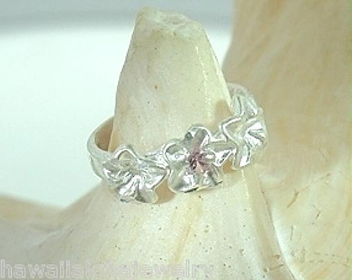 6mm Hawaiian Solid 925 Sterling Silver DC 3 Plumeria Pink Sapphire CZ Toe Ring