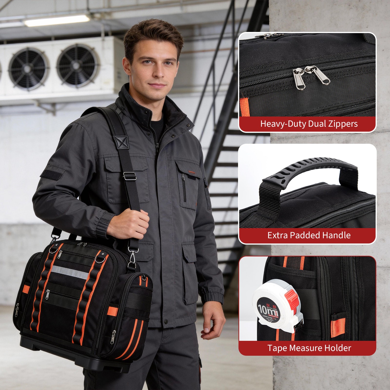 Polyester Tool Bag 15.7" with Rubber Base, 21 Pockets, Removable Shoulder Strap