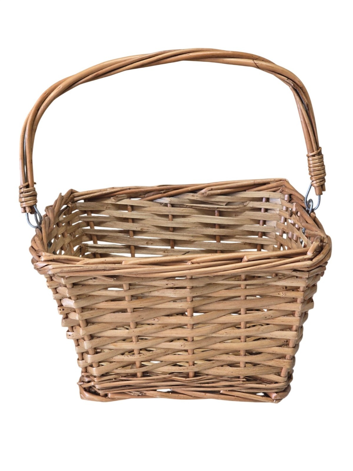Handwoven Rectangular Basket Metal Link Collapsible Handle Natural