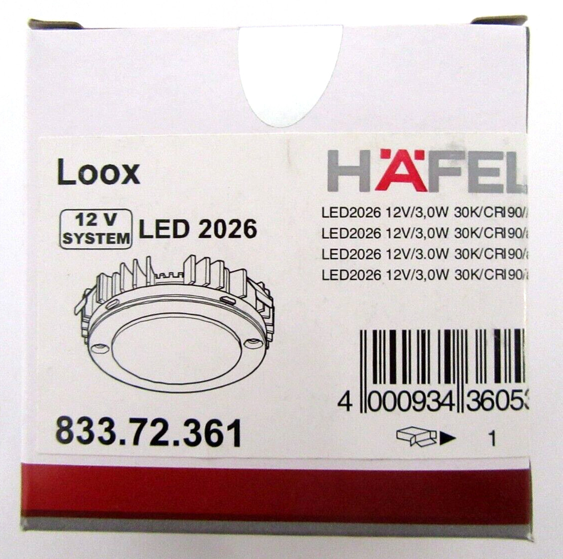 Hafele LOOX LED2026, 12V, modular puck light, 3.0 watts, 3000K