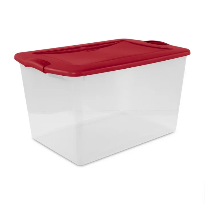 Sterilite 66 Qt Clear Storage Bin with Latch Lid, Red, 6 Pack