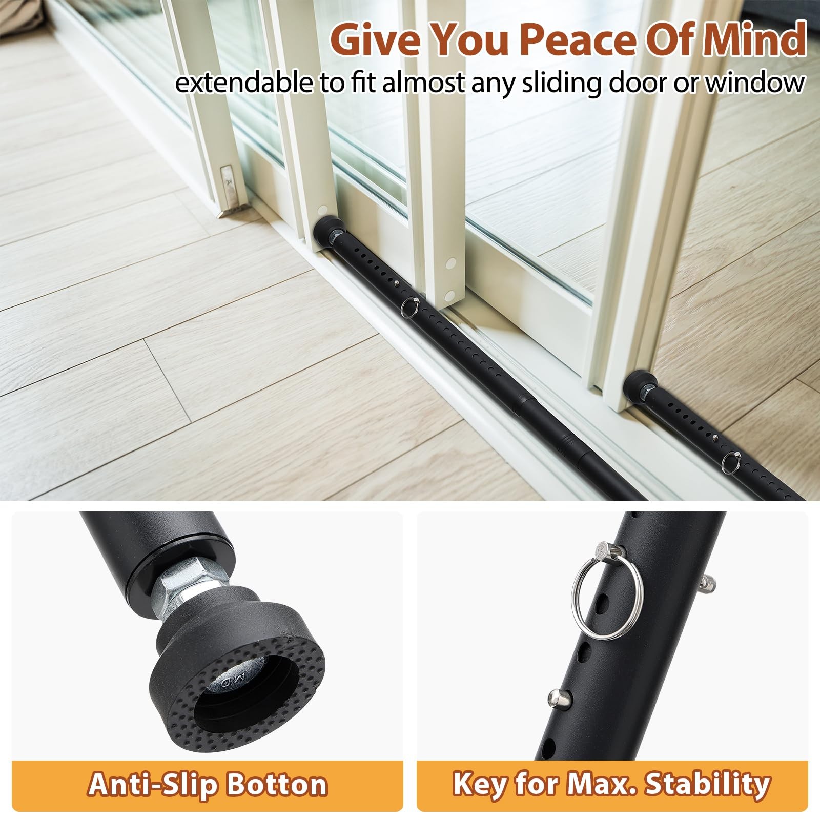 Sliding Door Security Bar, Adjustable 18-51" Lock for Window/Patio Door