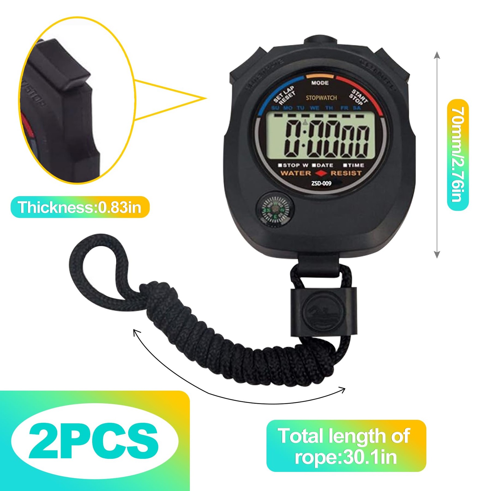 KornaDoz 2 Pack Digital Stopwatch Timer: Large Display, 1/100 Sec Black