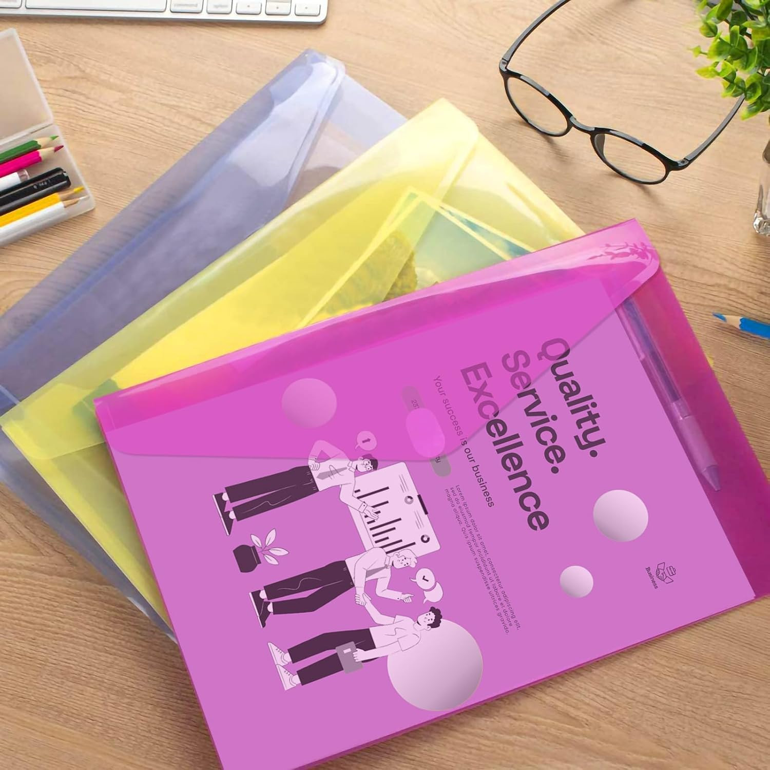 12 Pack Plastic Envelopes File Folders, Plastic Folders with Pockets, Colored...