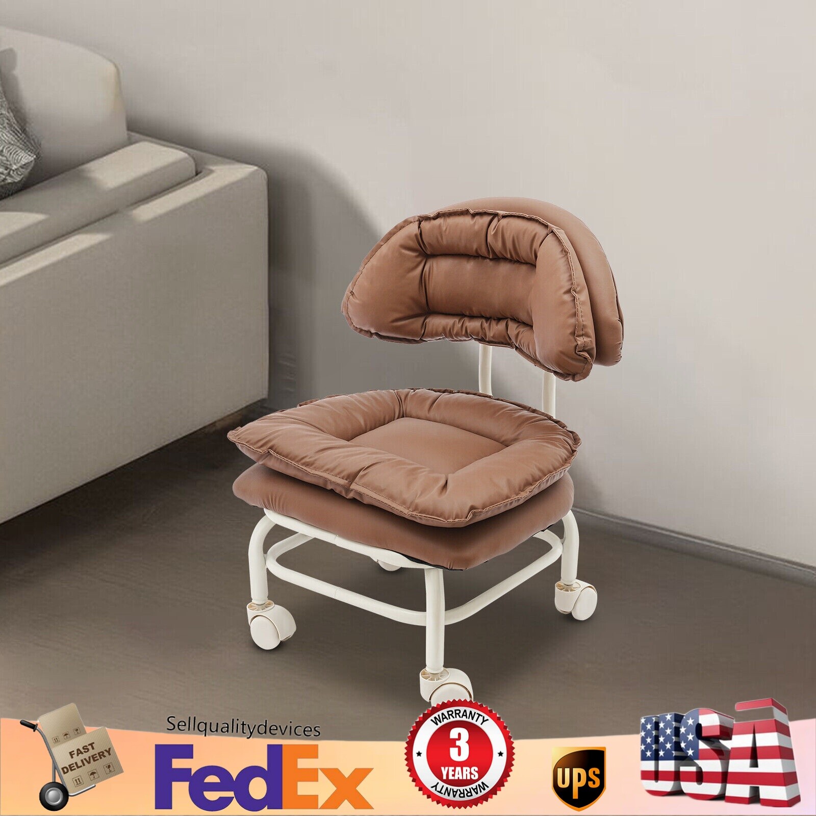 Brown Rolling Stool with Back Rest Heavy Duty Rolling Stool Roller Chair USA