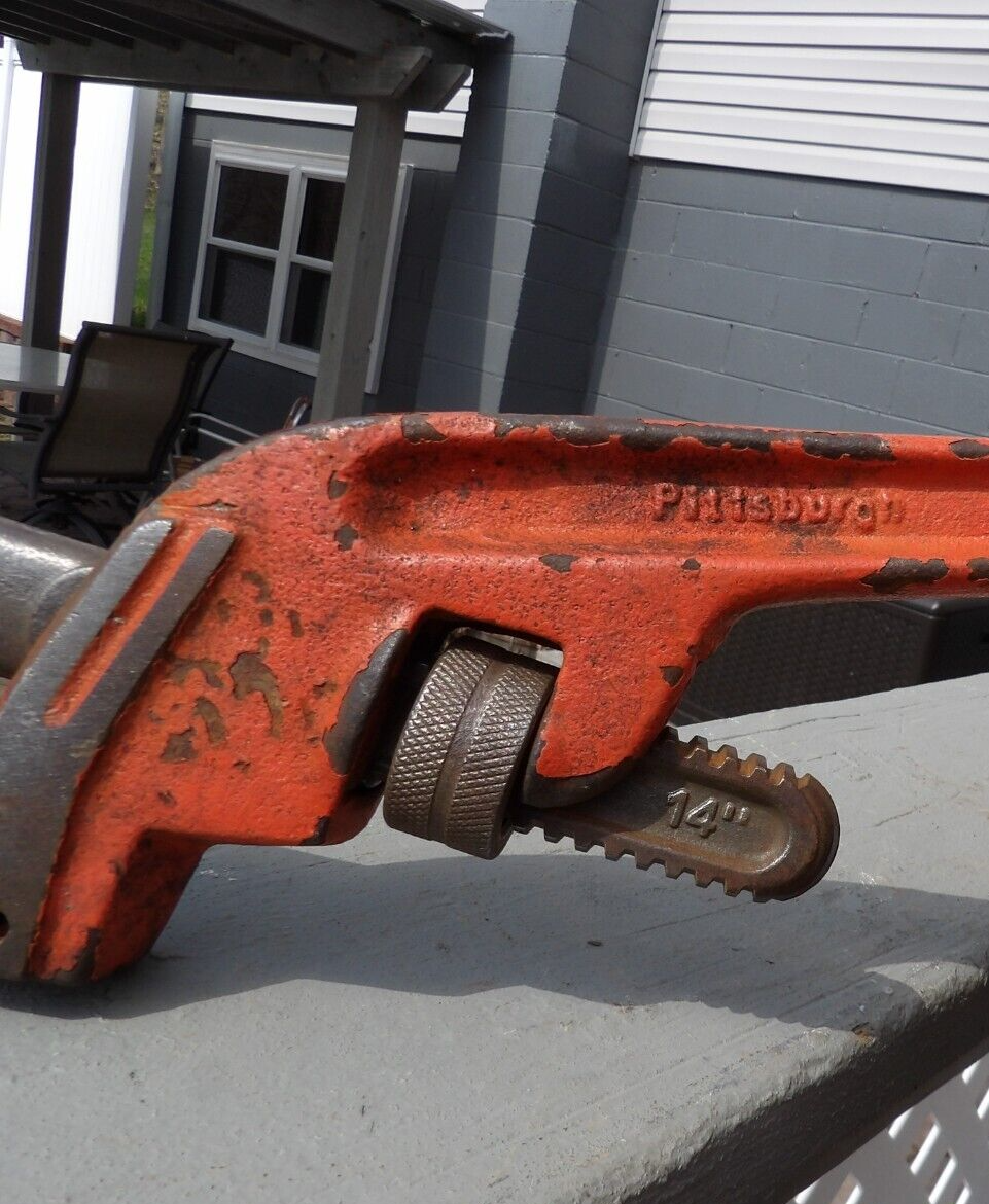 Vintage Pittsburgh 14" Offset Adjustable Pipe Wrench Red Steel Rust Free