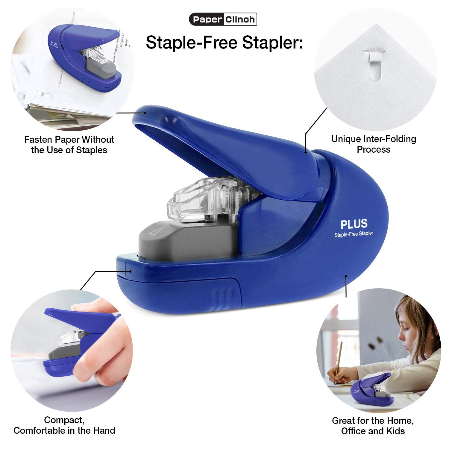 Paper Clinch Compact Staple-Free Stapler, Blue