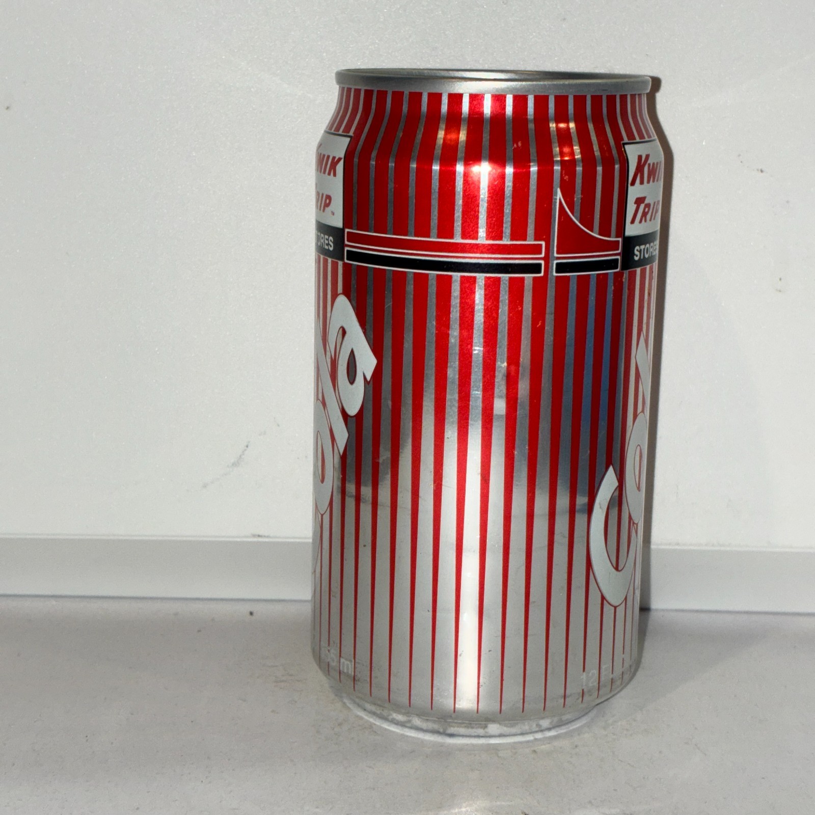 Kwik Trip Cola Soda can, bottom opened