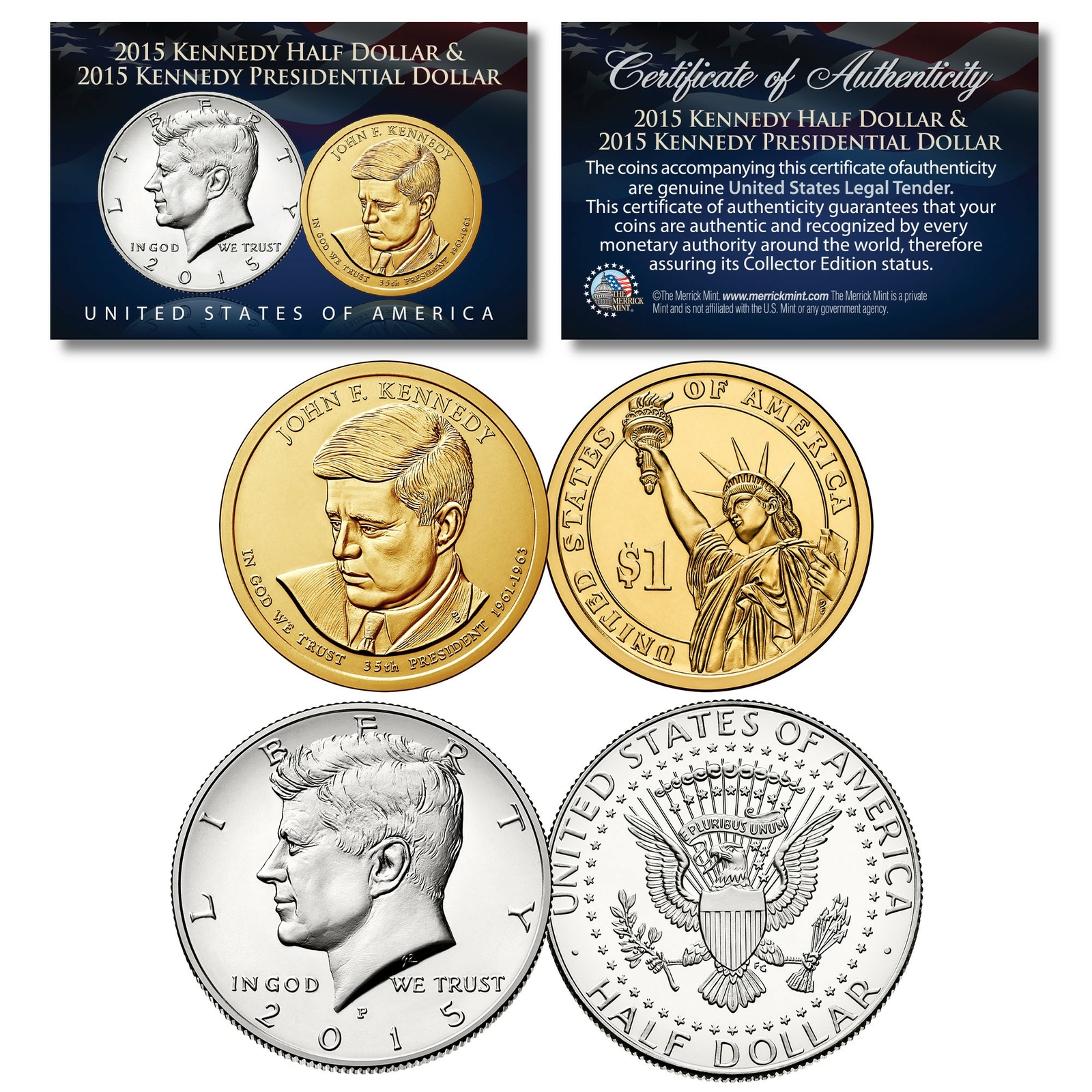 JOHN F KENNEDY 2-Coin Set 2015 JFK Presidential $1 & 2015 JFK Half Coin P-MINT