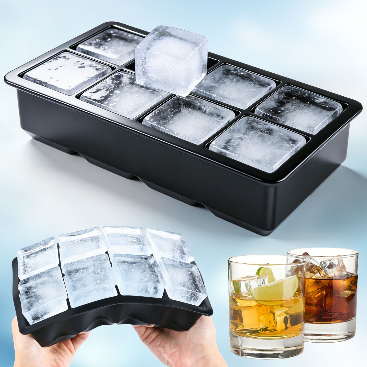 Large Silicone Ice Cube Trays Square Ice Cube Molds w/ Lid for Whiskey BPA Free