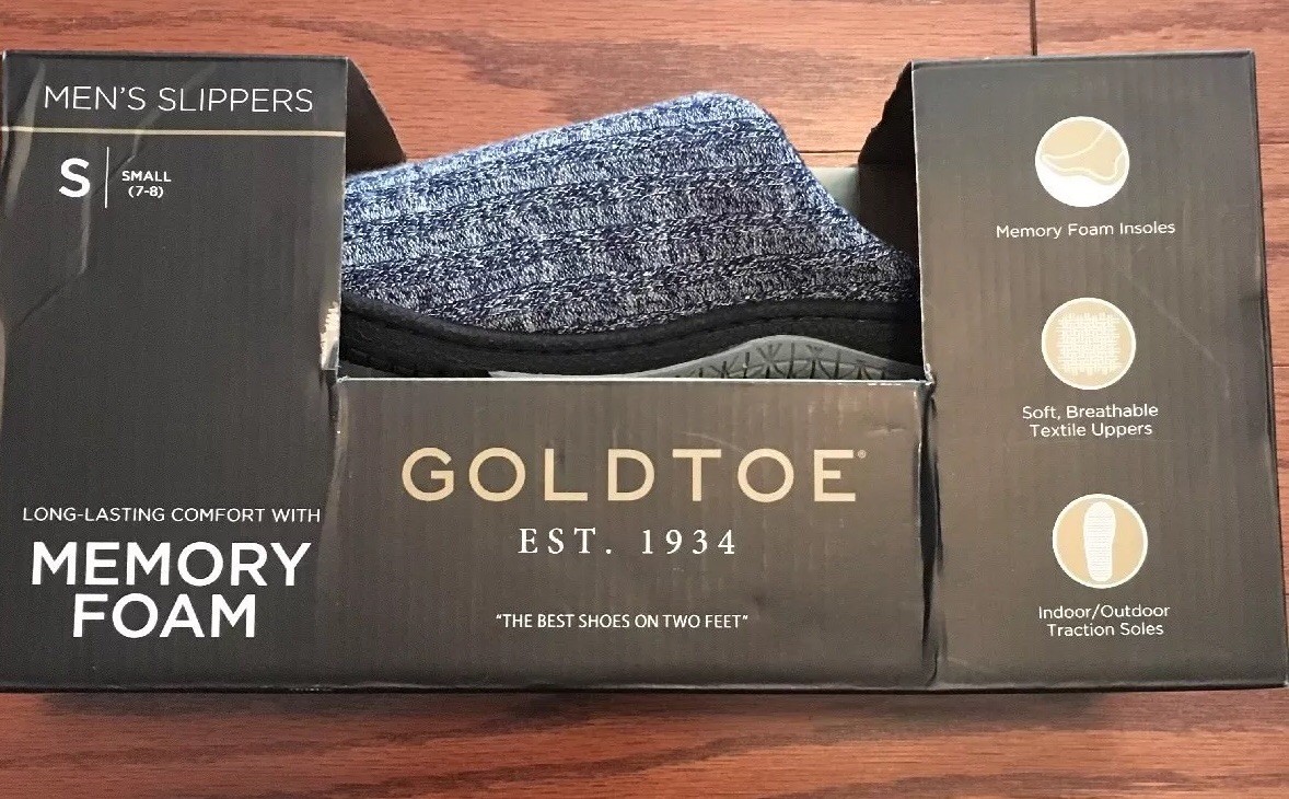 GoldToe Men’s Memory Foam Slippers Small(7-8) Indoor/Outdoor Traction-New in Box